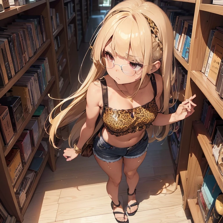 top quality, (Masterpiece: 1.3), (Maximum resolution: 1.2), (Ultra HDTV: 1.2), Cinema light, Ultra HDTV, (Detailed eyes and skin), (Detailed facial features), HDR, 8k resolution, Sharp Focus: 1.2, Perfect style, beautiful face, accurate, anatomically correct, highly detailed face and skin texture, detailed eyes, brown eyes, double eyelids, (eyelash:1.4), thick eyebrows, glitter eyeliner: 1.2, natural cheeks, glossy skin, (tanned skin:1.6), shiny gold little necklace and earrings, ( large sunglasses on her head:1.2), (glossy lips: 1.4), 
BREAK
 first-person-view, (Wearing a navel baring crop top,  shiny black fabric , lame , intricately patterned), (slim fit denim shorts , side string panty, panty string is peeking out), (leopard print pouch), (bare legs), (block heel sandals, open toe:1.4), (large basket shoulder bag), 
 (serious expression:1.6), (staring at the bookshelf:1.2), Innocent and Cute girl, (beautiful blonde hair,  (straight bangs:1.6) , wavy permed hair tied in a high pony : 1.6),
BREAK
 (Full body shot: 1.5), (focus on chest, side view:1.4), ((Very intimate relationships: 1.2)), (medium large breasts:1.2), (((at quiet library, bookshelf aisle: 1.2)),(gentle warm light:1.5 ),  ((standing, reaching her hand for the bookshelf:1.4)), ((looking up to bookshelf:1.4))(looking at viewer, from directly below:1.4)