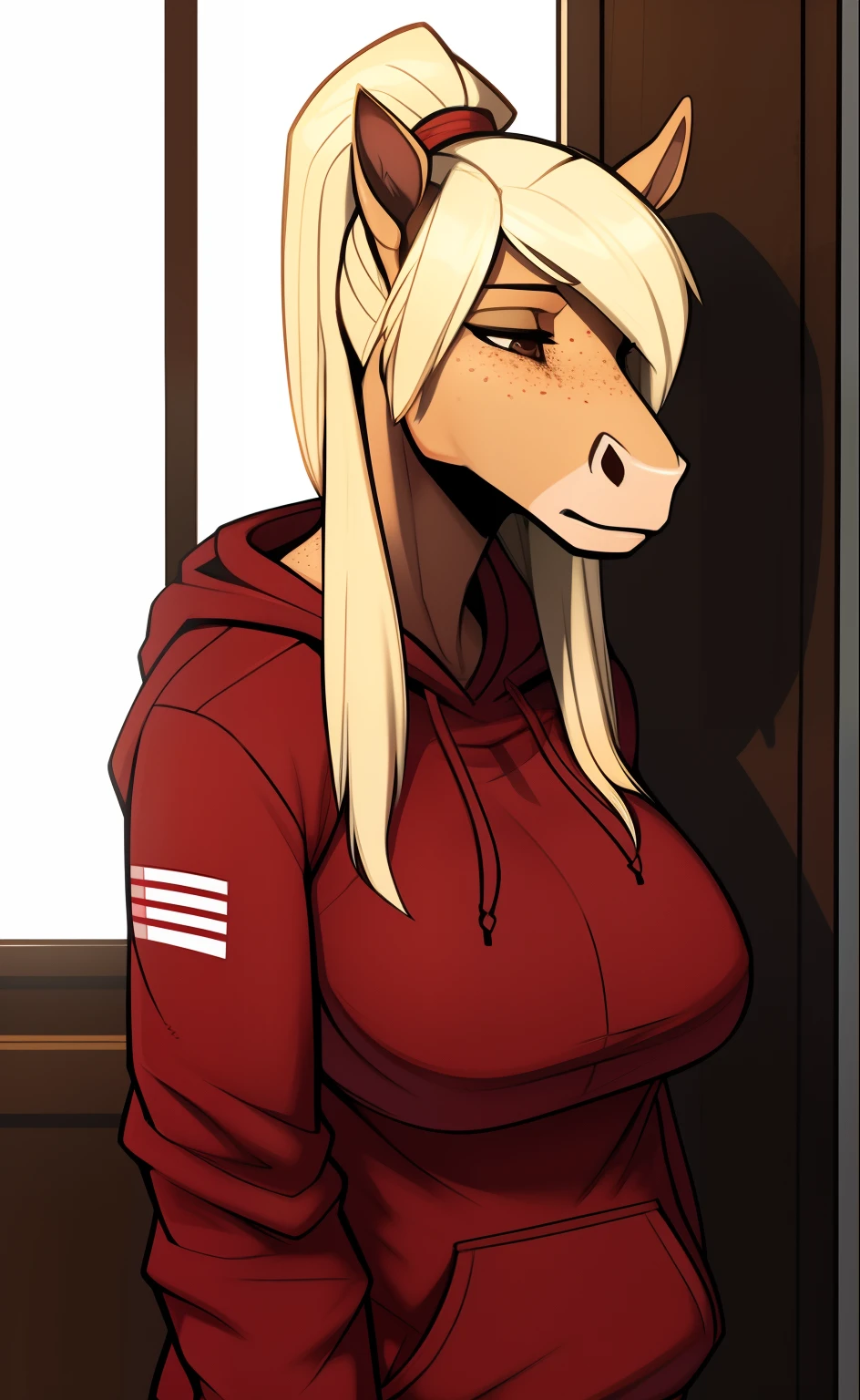 Tall_lanky_horse large_breasts female blonde_hair brown_furry_body freckles exhausted brown_eyes short_ponytail short_tail solo Masterpiece best_quality absurdres highly_detailed hoodie horse_snout cleanly_drawn_eyes anthro_only by_claweddrip, by_greasymojo, by_underscore-b, by_runawaystride