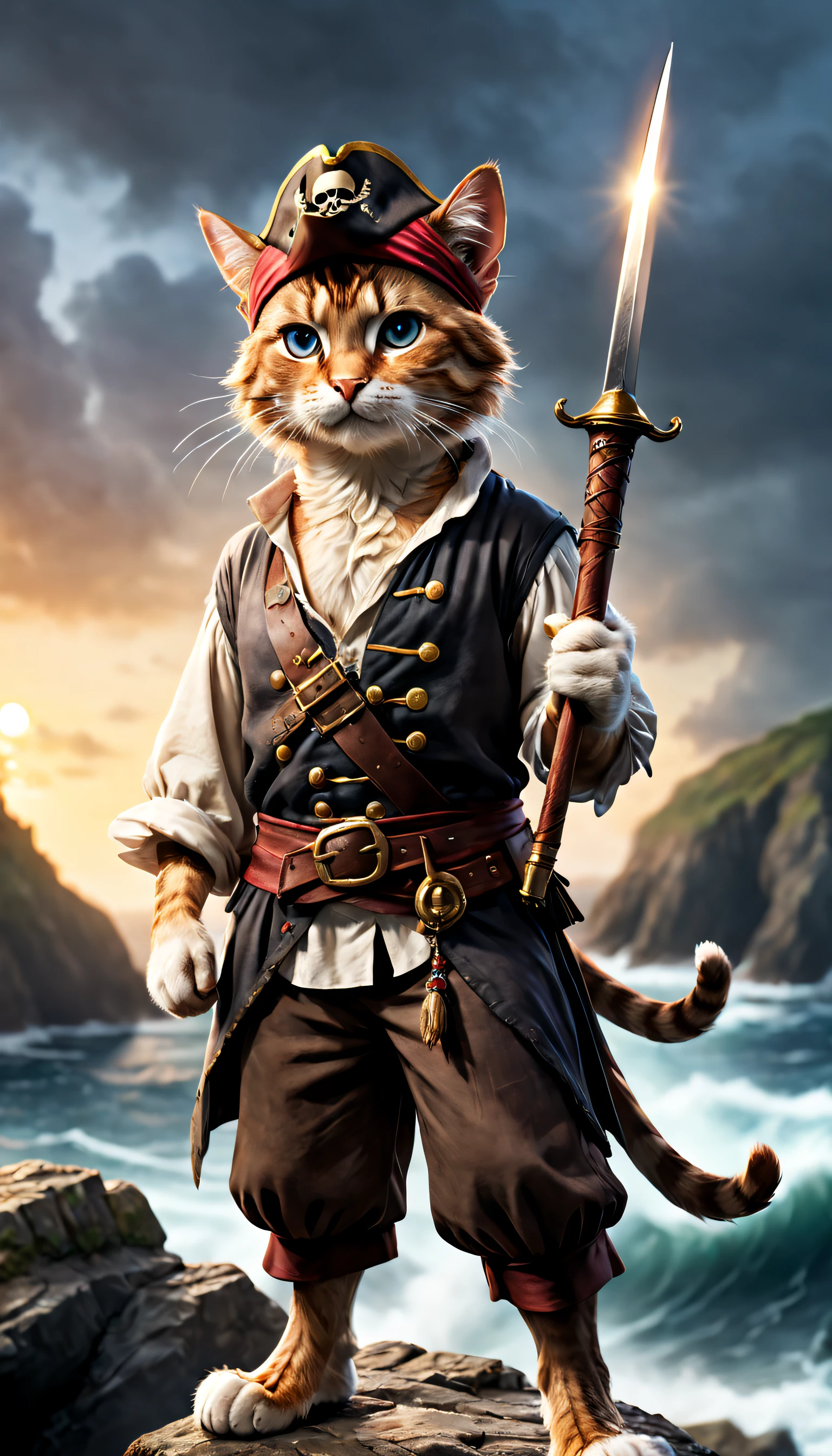((filmposter)),Dressed in a cute cat pirate one-piece，Wears a Stave hat，He raised his saber，standing on cliff，Looking down at the rough sea，A new dawn has risen on the horizon,