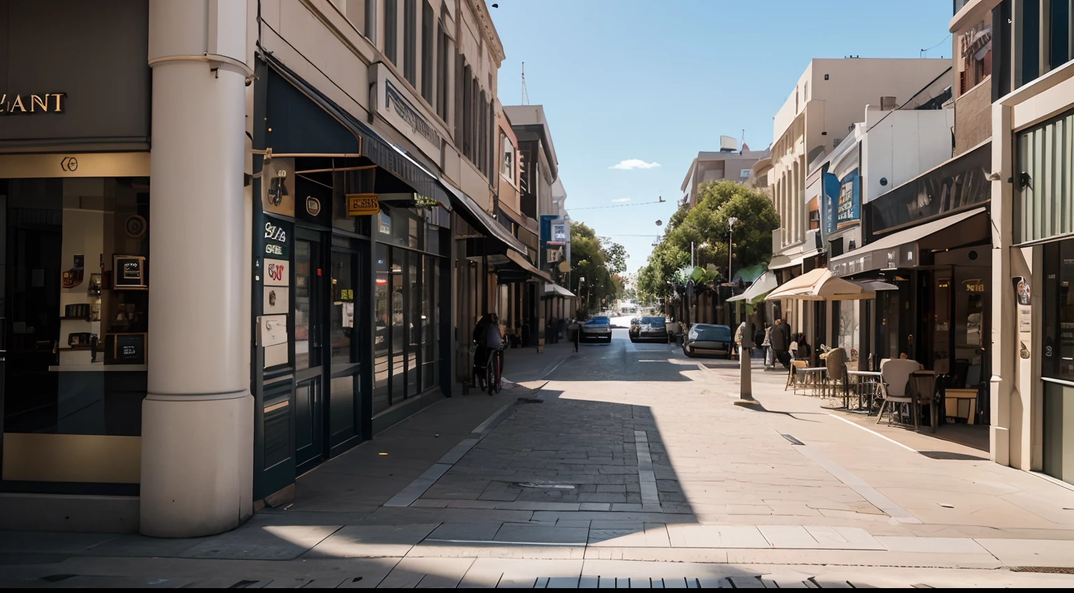 a hyper realistic photography of Downtown Perth in Perth, Western Australia, no people, Nikon D850 DSLR 4k camera, 100mm lens, F 1.2 aperture setting, bright and natural lighting, vibrant, fun and relaxing atmosphere