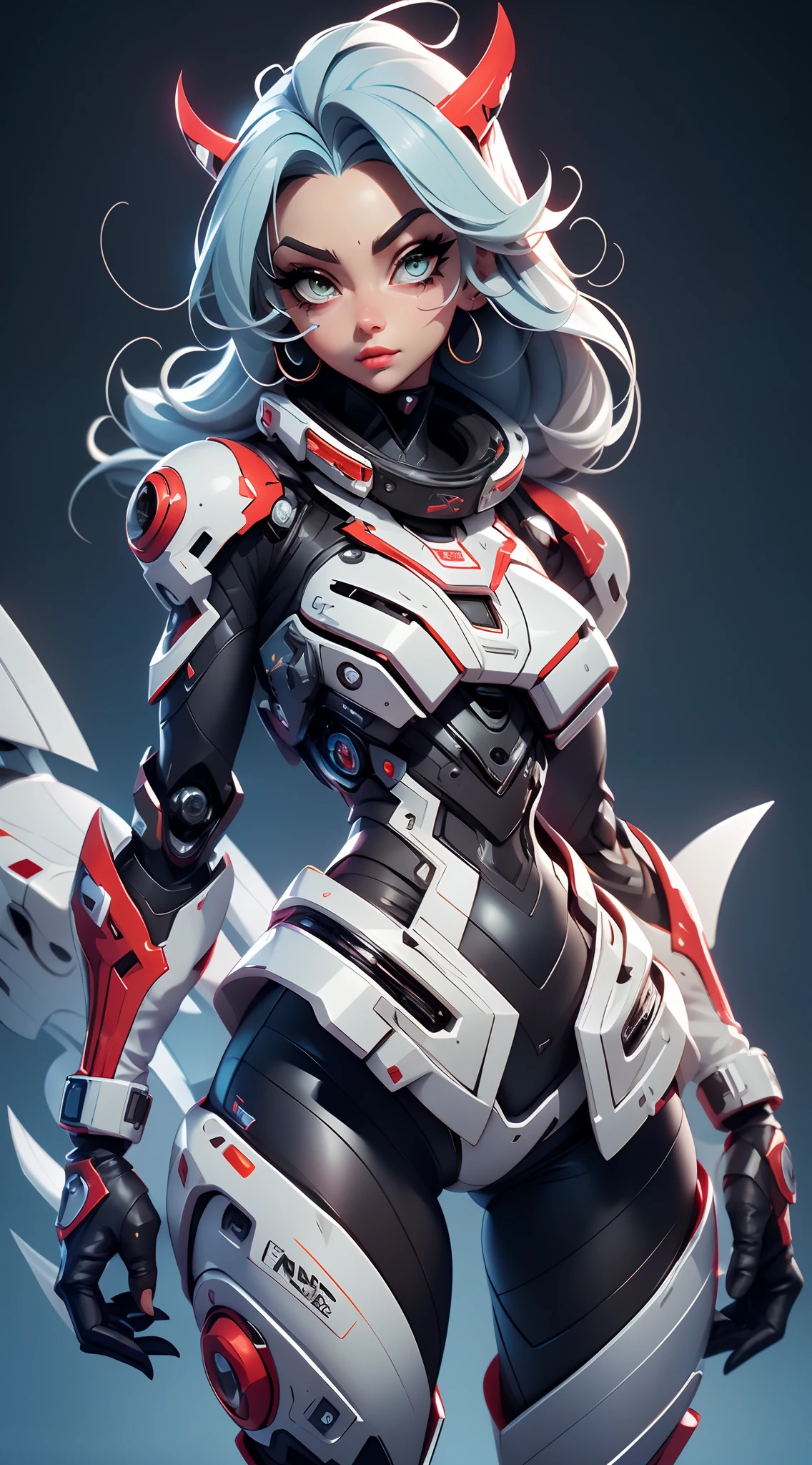 A fantz monster design, Cute robots in space [style-rustmagic]，female robot，Half-human, tmasterpiece， （tmasterpiece， top-quality， best qualityer）， 1girll， 独奏， tightsuit， nedium breasts， long whitr hair， white backgrounid， ssmile， simplebackground， mediuml breasts， shelmet， looking at viewert， skin tight， sitted， cparted lips， blue skinsuit， the motorcycle， Black gloves， mitts