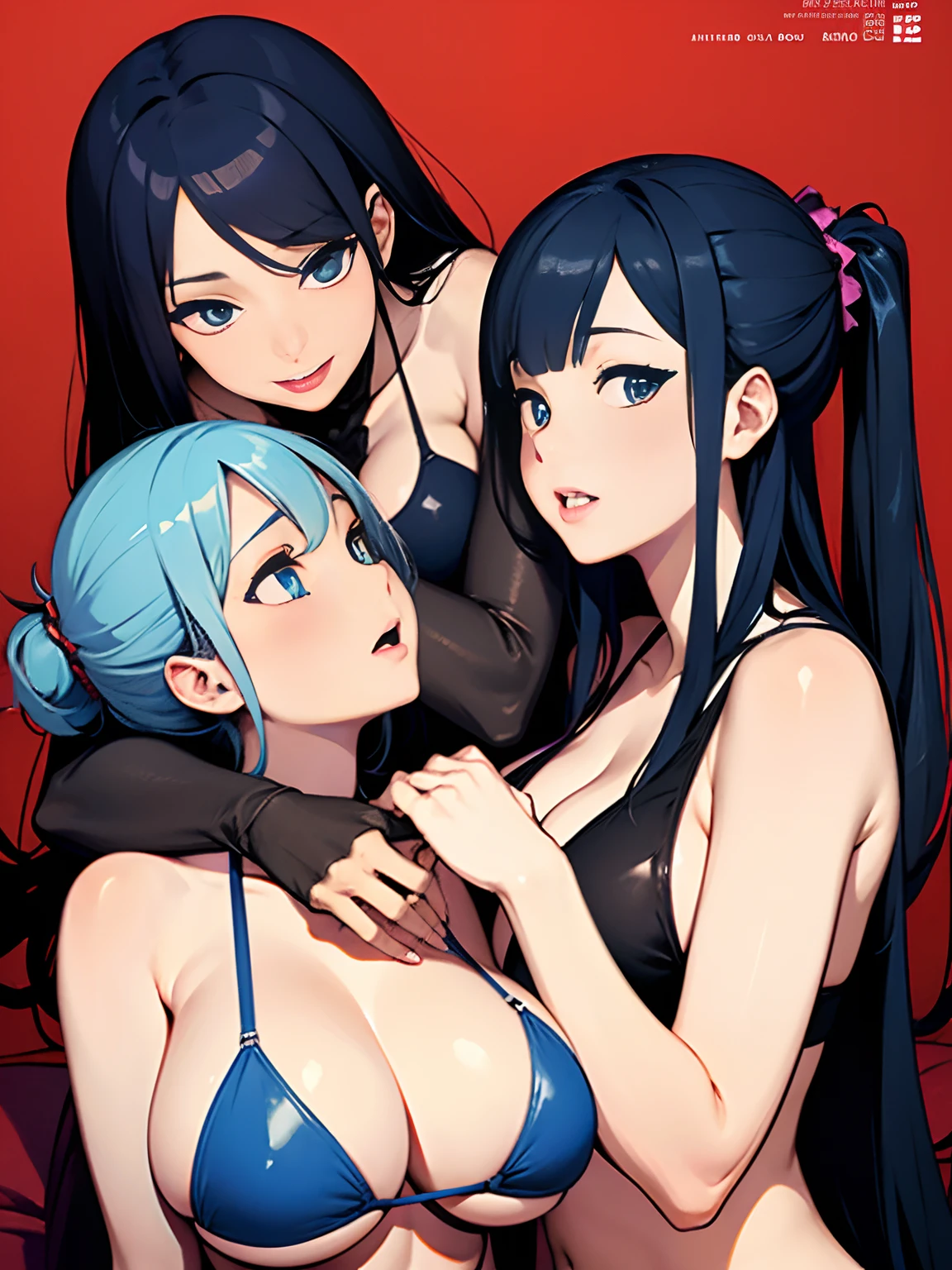 Family 2 sexually female cyborgs, blue hair, magazine cover, poster art , adding to the spine-tingling atmosphere, bold huge text, matted design layout. Squeezing belly, all in bikini