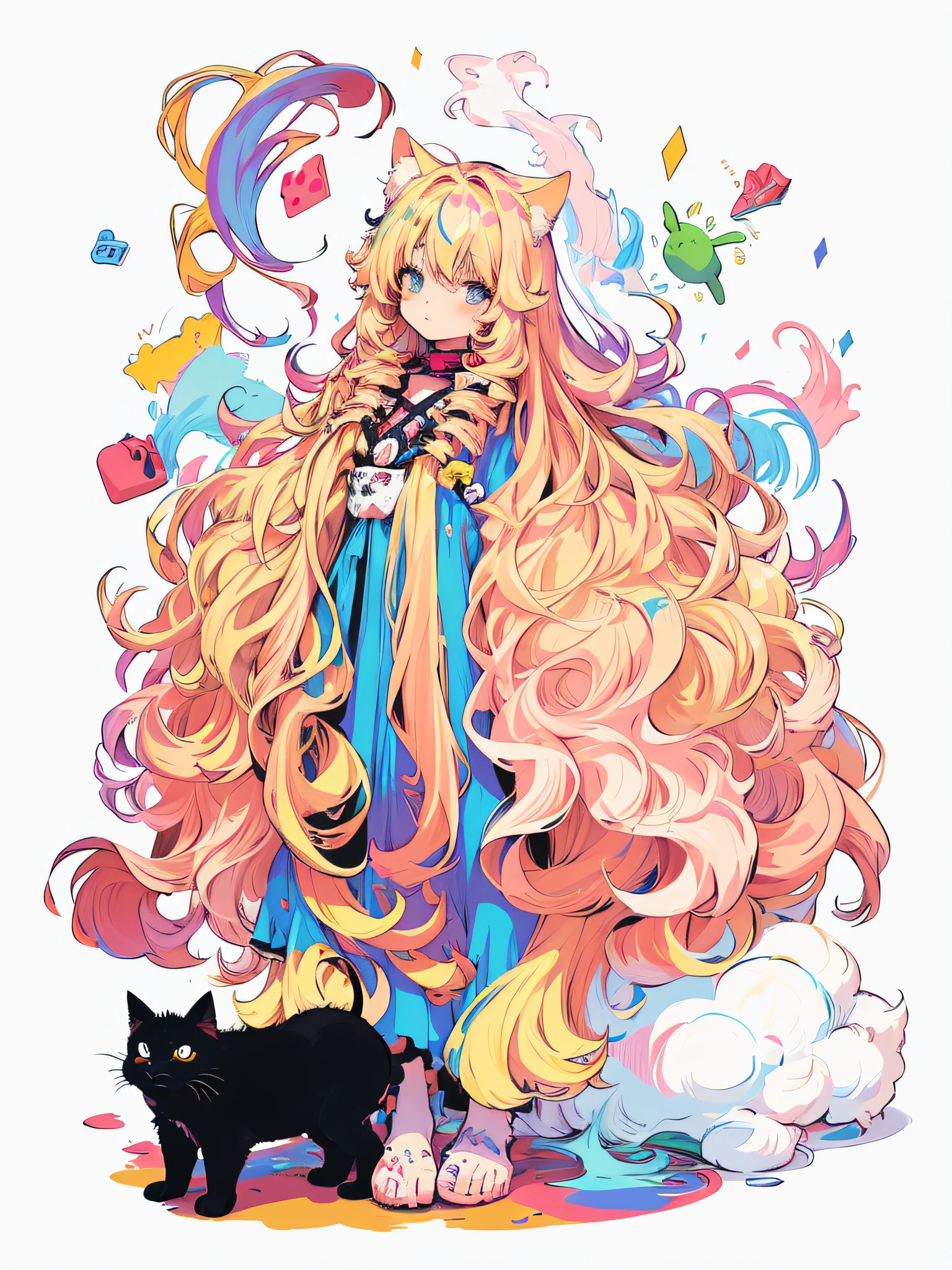 There was a long-haired girl and a cat on the ground, girl with super long hair, long hair girl, colorful illustrations, She has messy hair, Long fluffy hair, lovely art style, Big flowing hair, long bubblegum hair, Big flowing hair, Colorful illustration, spaghetti hair, Fluffy hair, cute illustration, long fluffy curly blond hair, Big hair