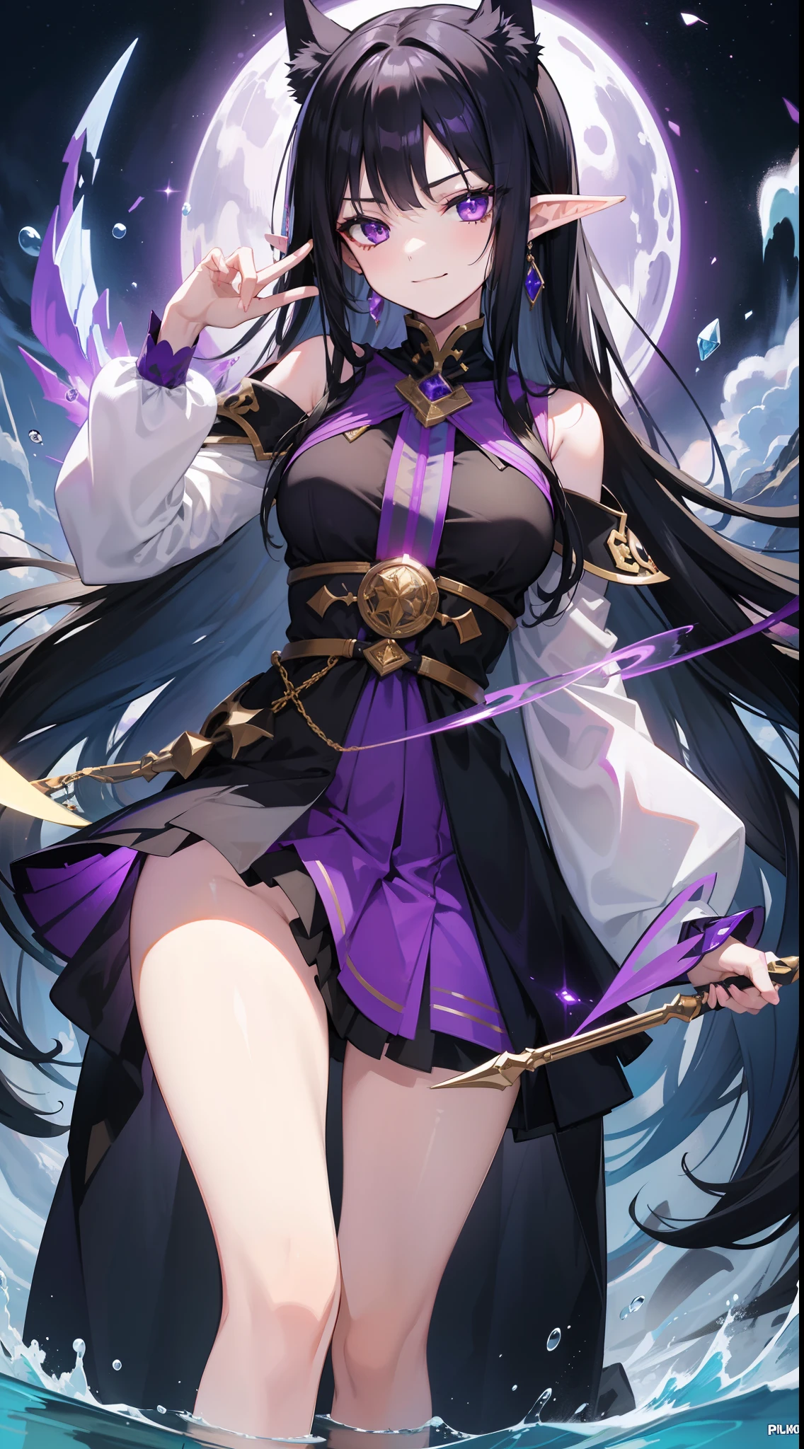 young girl, Long black hair, violet eyes, elf ears, smirk, Purple Sorcerer Form, Gold Elements, water magic, Masterpiece, hiquality, 4k, HD, Good detail