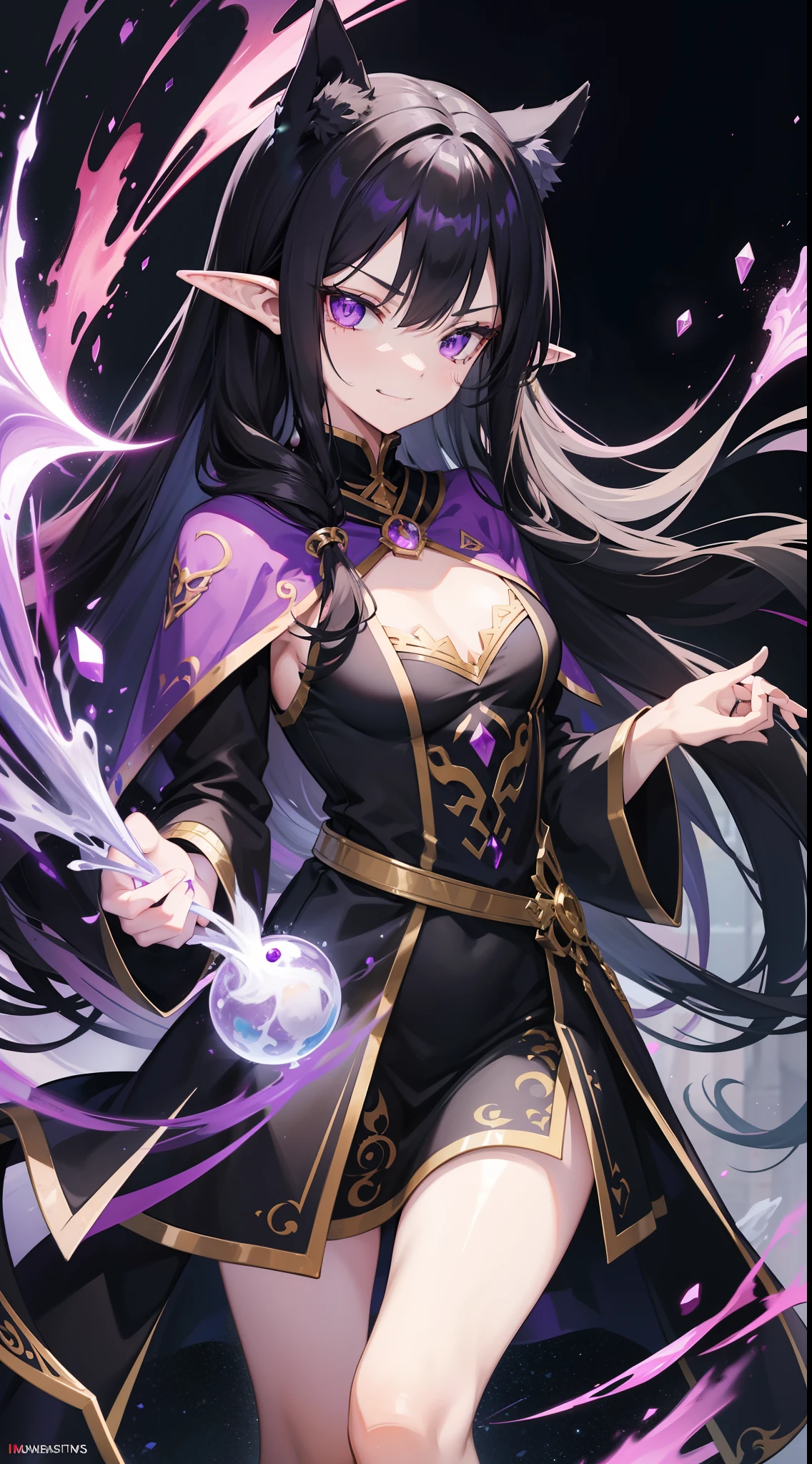 young girl, Long black hair, violet eyes, elf ears, smirk, Purple Sorcerer Form, Gold Elements, water magic, Masterpiece, hiquality, 4k, HD, Good detail