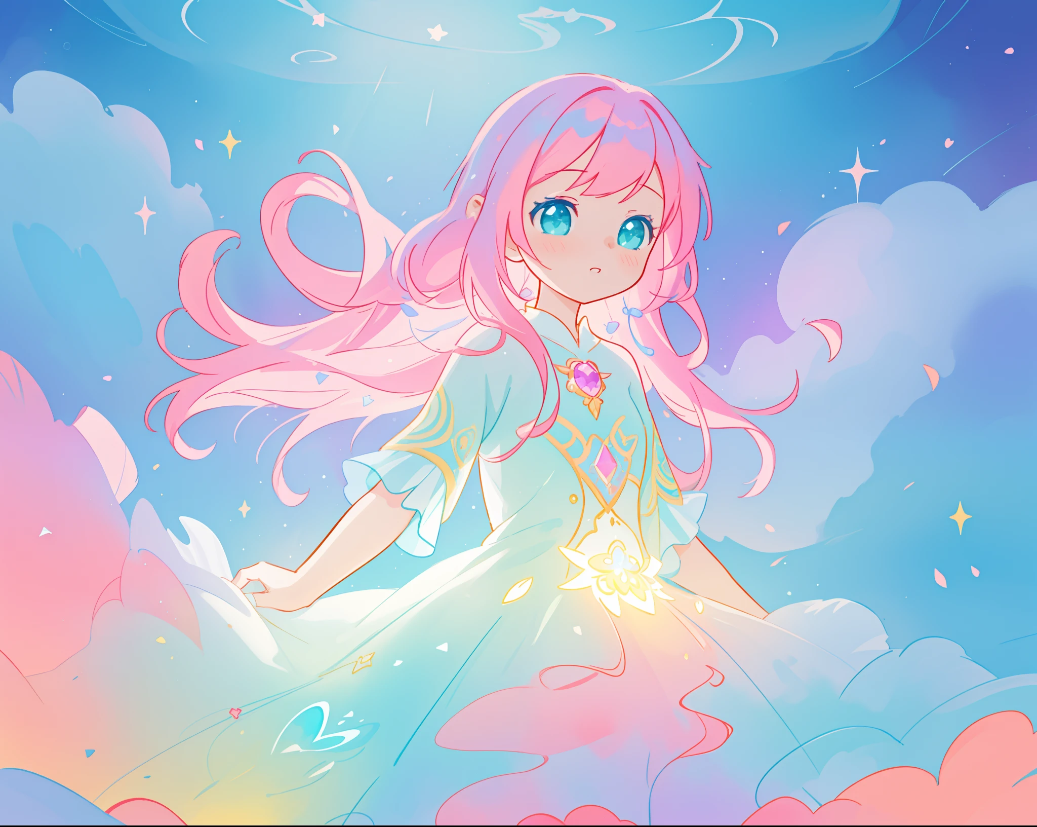 beautiful girl in sparkling white puffy dress, vibrant pastel colors, (colorful), magical lights, long flowing colorful pink hair, otherworldly aqua and blue landscape background, inspired by Glen Keane, inspired by Lois van Baarle, disney art style, by Lois van Baarle, glowing aura around her, by Glen Keane, jen bartel, glowing lights! digital painting, flowing glowing hair, glowing flowing hair, beautiful digital illustration, fantasia background, whimsical, magical, fantasy, beautiful face, ((masterpiece, best quality)), intricate details, highly detailed, sharp focus, 8k resolution, sparkling detailed eyes, liquid watercolor