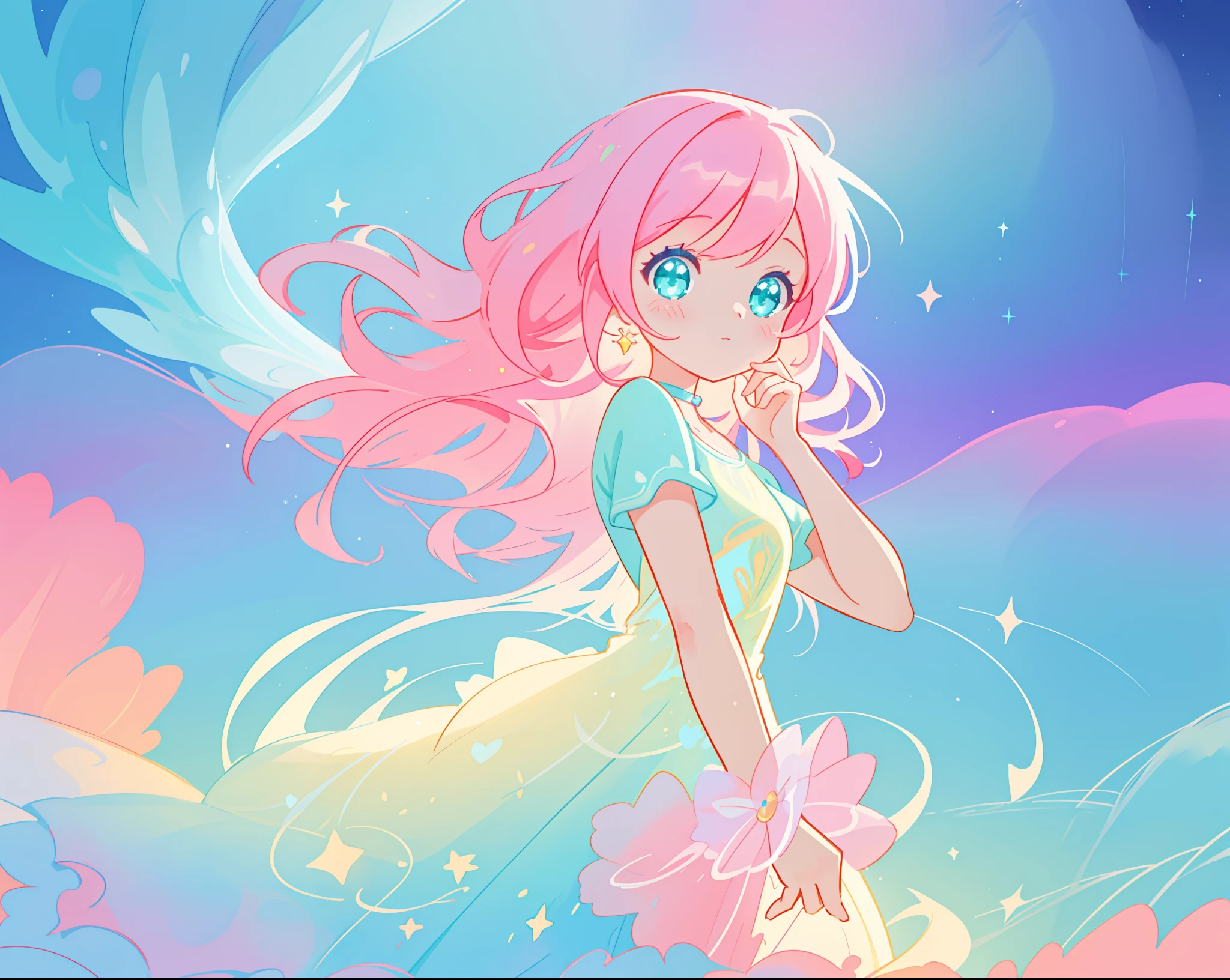 beautiful girl in sparkling white puffy dress, vibrant pastel colors, (colorful), magical lights, long flowing colorful pink hair, otherworldly aqua and blue landscape background, inspired by Glen Keane, inspired by Lois van Baarle, disney art style, by Lois van Baarle, glowing aura around her, by Glen Keane, jen bartel, glowing lights! digital painting, flowing glowing hair, glowing flowing hair, beautiful digital illustration, fantasia background, whimsical, magical, fantasy, beautiful face, ((masterpiece, best quality)), intricate details, highly detailed, sharp focus, 8k resolution, sparkling detailed eyes, liquid watercolor