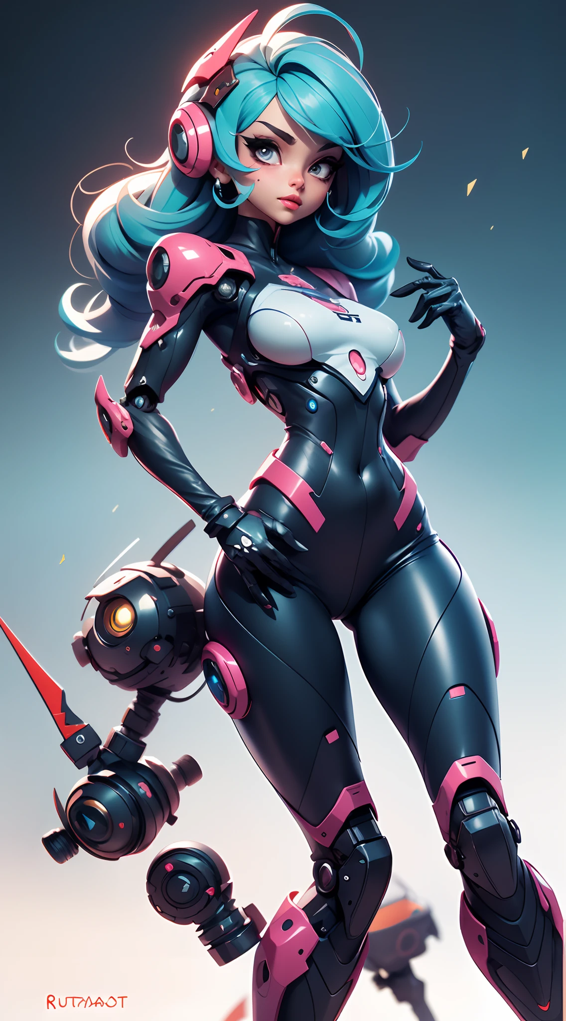 A fantz monster design, Cute robots in space [style-rustmagic]，female robot，Half-human, tmasterpiece， （tmasterpiece， top-quality， best qualityer）， 1girll， 独奏， tightsuit， nedium breasts， long whitr hair， white backgrounid， ssmile， simplebackground， mediuml breasts， shelmet， looking at viewert， skin tight， sitted， cparted lips， blue skinsuit， the motorcycle， Black gloves， mitts