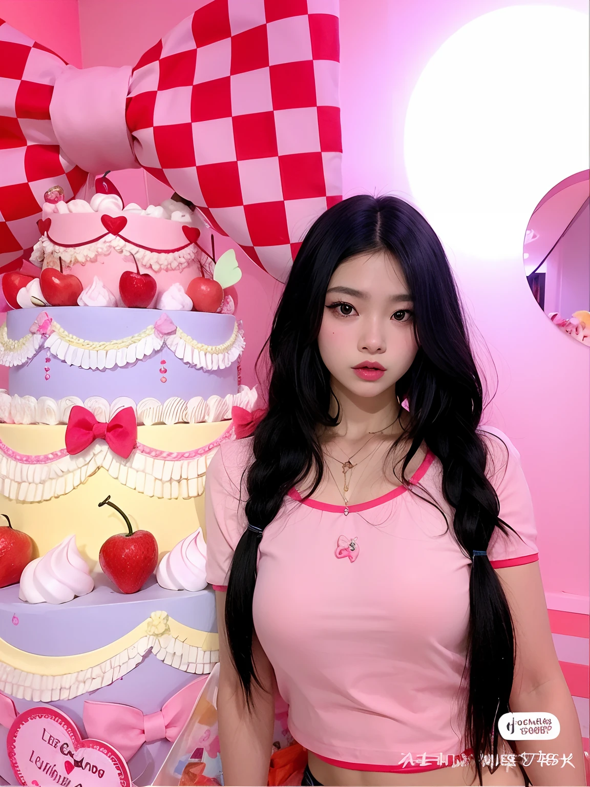 Chica de Araffe con camisa rosa de pie frente a un gran pastel, Blackpink Jennie, y 2 k cutecore clowncore, ulzzang, Hermosa Delphine, chica caramelo, Cute aesthetics with flutter, Fairycore, lofi girl aesthetic, 🎀 🧟 🍓 🧚, kawaii aesthetics, Jinyoung Shin, Pelo largo chicle, Jossi de Blackpink