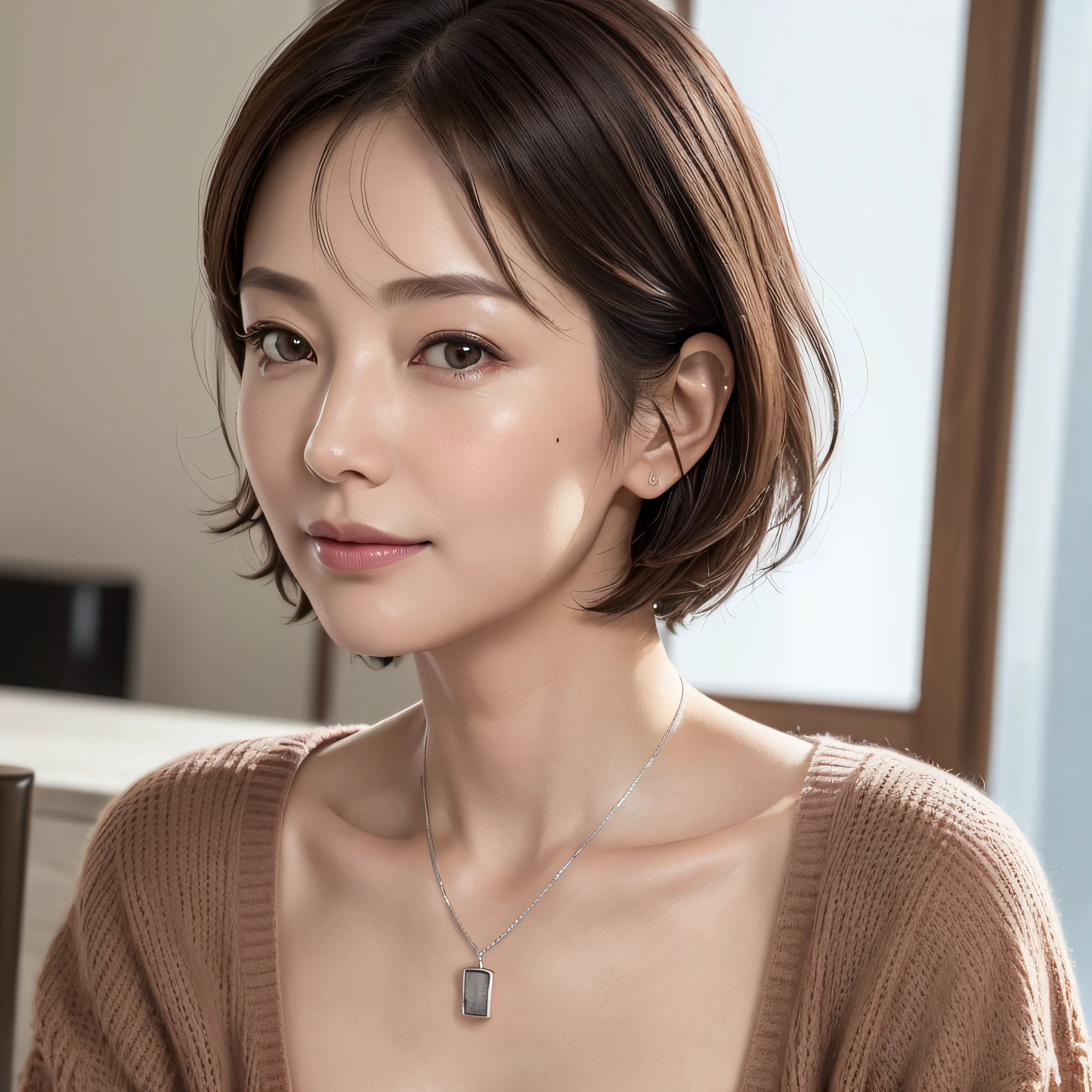 (8K, top-quality, masterpiece:1.3, 超A high resolution, A hyper-realistic), High Detail, (Face like the real thing), Photorealsitic, Raw foto, ((one beautiful women)), Detailed face, beautidful eyes, realisticeyes, Eyes in Beautiful Details, (real looking skin), Beautiful skins, enticing, depth of fields, hight resolution, High pixel count, ((Sideways face, Looking away, Don't look your audience in the eye, Don't look at the camera)), fashionable cafe, The background is also in the picture, clear details, sharp photo, Natural color reproduction, Noise Reduction, High fidelity, Small pendant in silver color, A small necklace in silver color, (Wine-colored light knit U-neck shirt, Neat and clean clothing, Clothing that makes it difficult to see the chest, Clothing that makes it difficult to see the chest, Clothes with hidden breasts), small tits, Sexy lips, Ears are visible, a smile, kindly smile, Beautiful skins, enticing, the golden ratio, (Detal Face:1.2), profetional lighting, Lighting the face, best light, japanes, A Japanese Lady, Japan Mature Woman, a matural female, Short Bob Hair, ((sixty years old, Beautiful, Wrinkles on the face, Wrinkles at the corners of the eyes, Nasolabial fold wrinkles, Small wrinkles, Beautiful, Beautiful Aunt, Moderate moles, Small mole on the face))