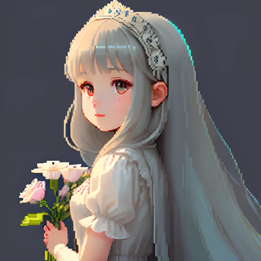 Pale light blue antique dress、Girl with long hair in light chocolate color, thin and dull、Blunt bangs、Look back and look at this.、Pixel art、Pixel Art Illustration、pixels、Plain background、Upper body、For icons、pixels_Art Book,Composition centered on the face、Straight face、Gothic headdress、pixels、Game-style illustration、Pixel art、pixels、Holding flowers