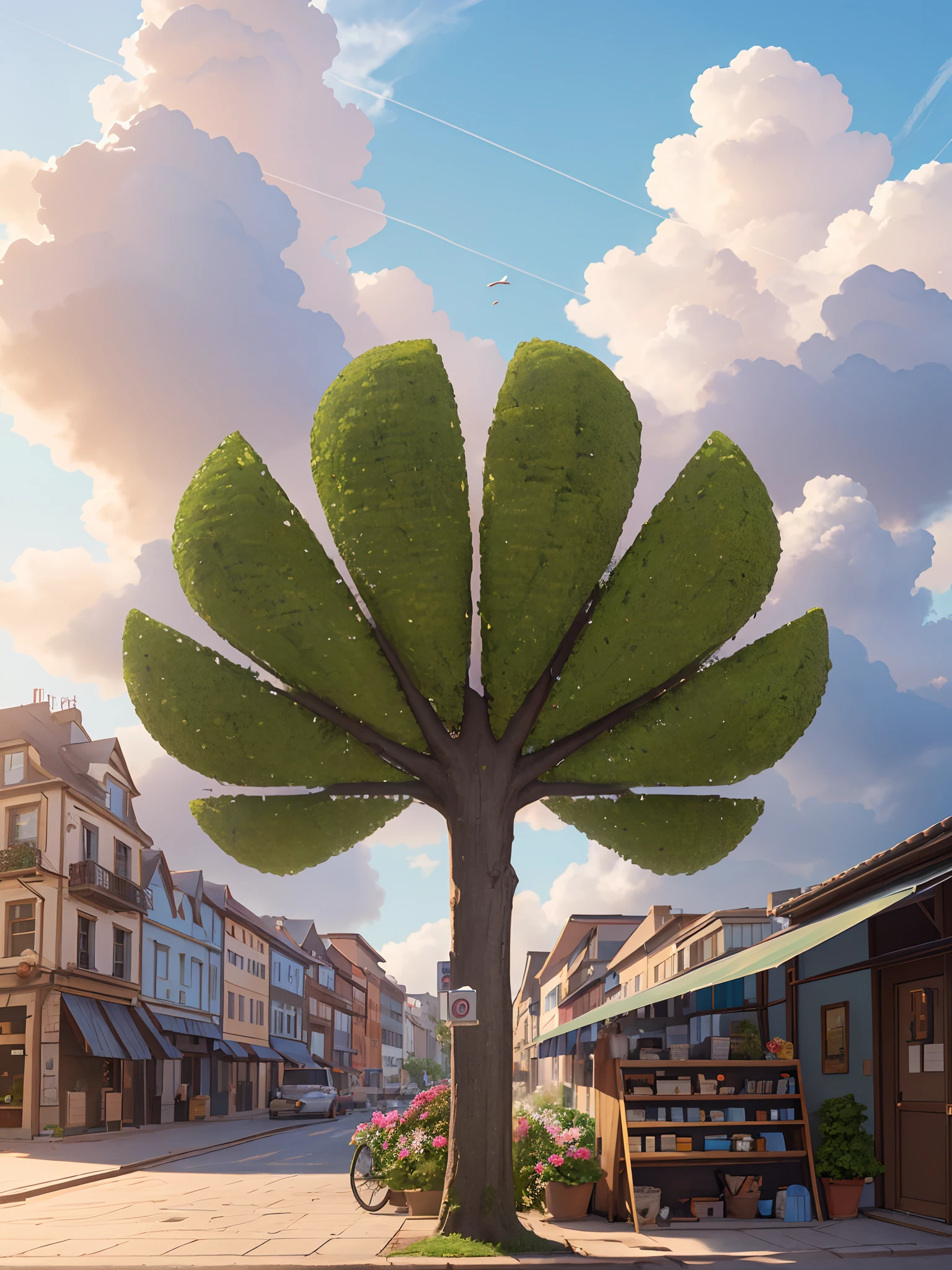 materpiece,Best quality,Diagram,Building,Shop,street,En plein air,tree,sky,Cloud,flower,day,Sunshine,shelf,Original,extremelydetailedwallpaper,Perfect lighting,(Extremely detailed CG:1.2),No one