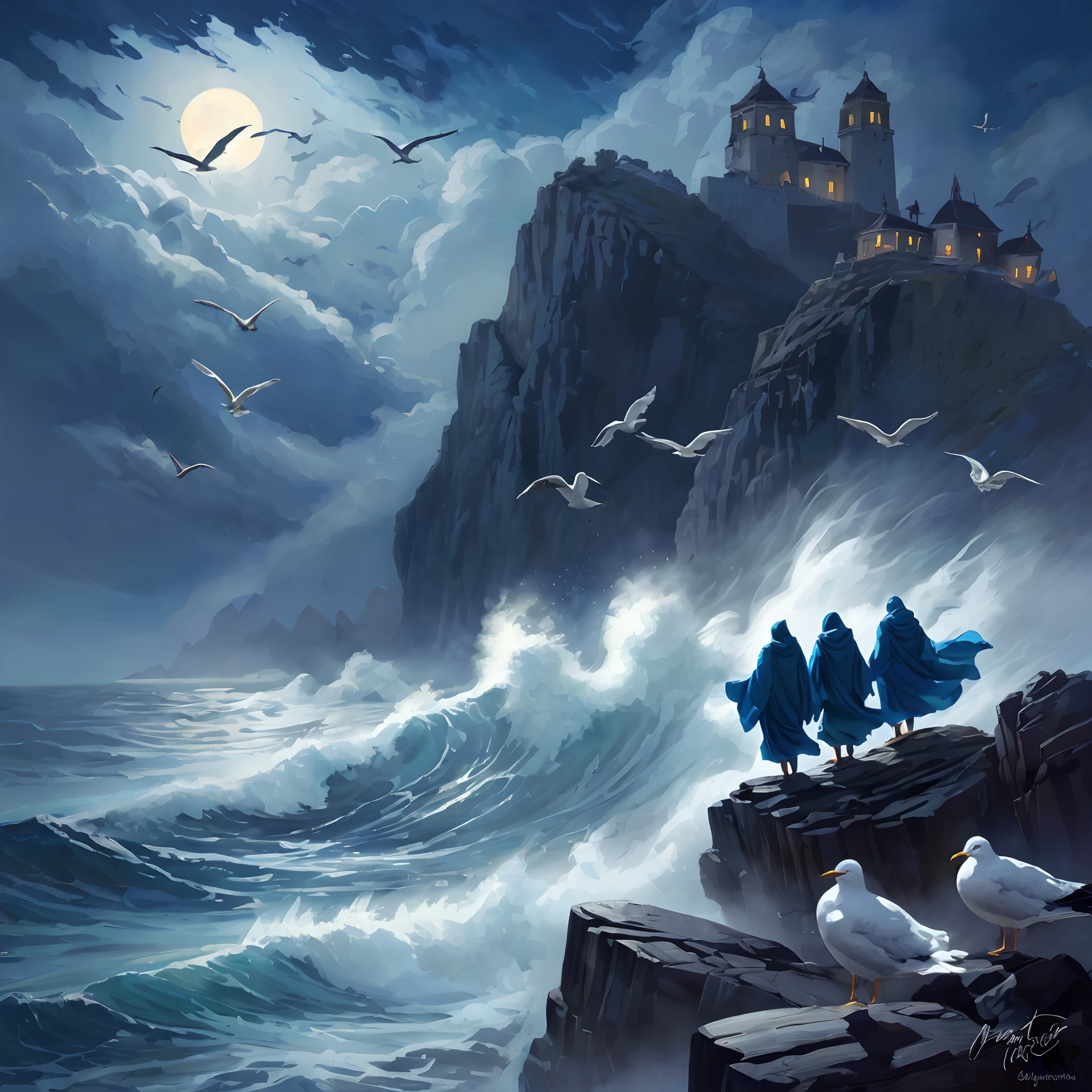 (best quality,ultra-detalhado,master part:1.2),4 homens encapuzados,vestes azuis tremulando ao vento,Fique no topo de uma montanha com vista para o mar escuro e turbulento,Seagulls filling the sky,dramatic lighting,Ondas do mar batendo contra os penhascos rochosos,Thick fog rolling in,atmosfera serena e misteriosa,paleta de cores azul profundo,Luar iluminando a cena,subtle hints of supernatural presence,estilo impressionista,pinceladas capturando o movimento do oceano,Unforgettable and evocative works of art,natureza majestosa e inspiradora,imponente estatura da montanha,Whisper of ancient legends and untold stories