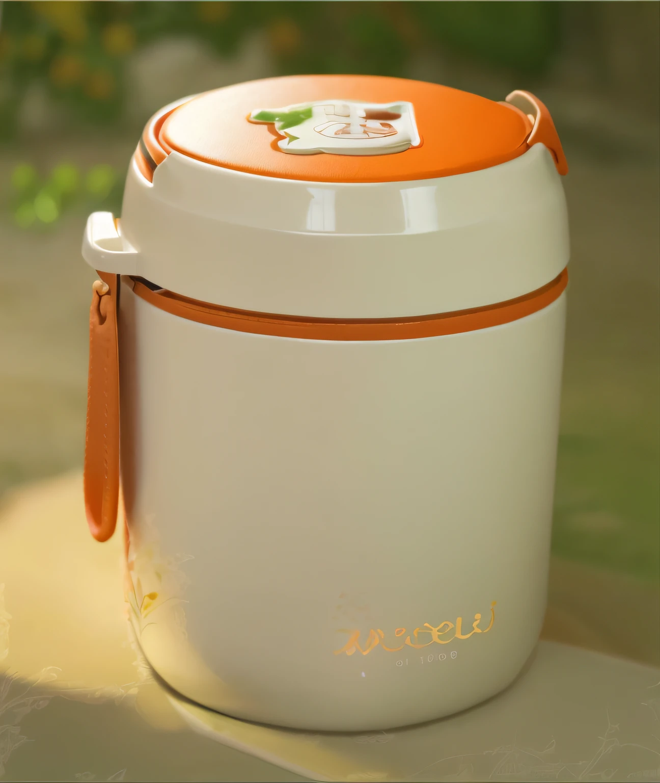 There is a white and orange lunch box，There is a dog on it, Surrounded by flowers，It is surrounded by complex green vegetation，oc rendered，k hd，The subject does not change the graceful curves，The expression is mysterious，Noble，𝓡𝓸𝓶𝓪𝓷𝓽𝓲𝓬