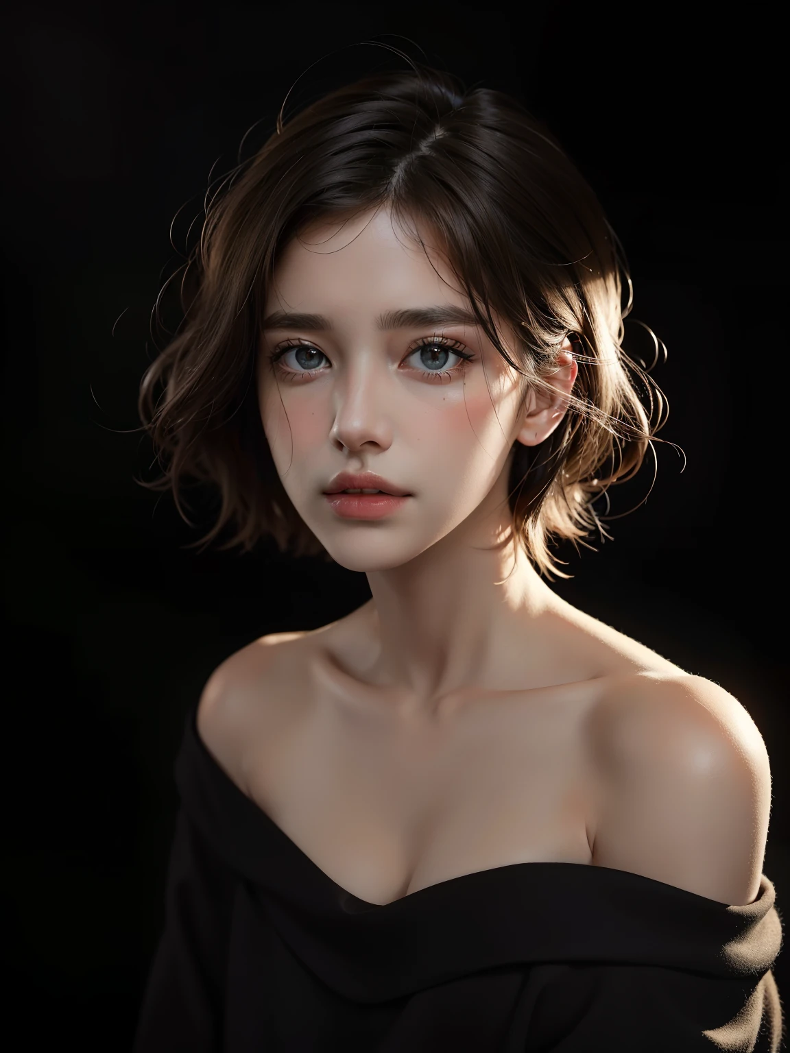 Best quality, masterpiece, ultra high res, (photorealistic:1.5), raw photo, 1girl, offshoulder, in the dark, deep shadow, low key, cold light, sexy look, short hair