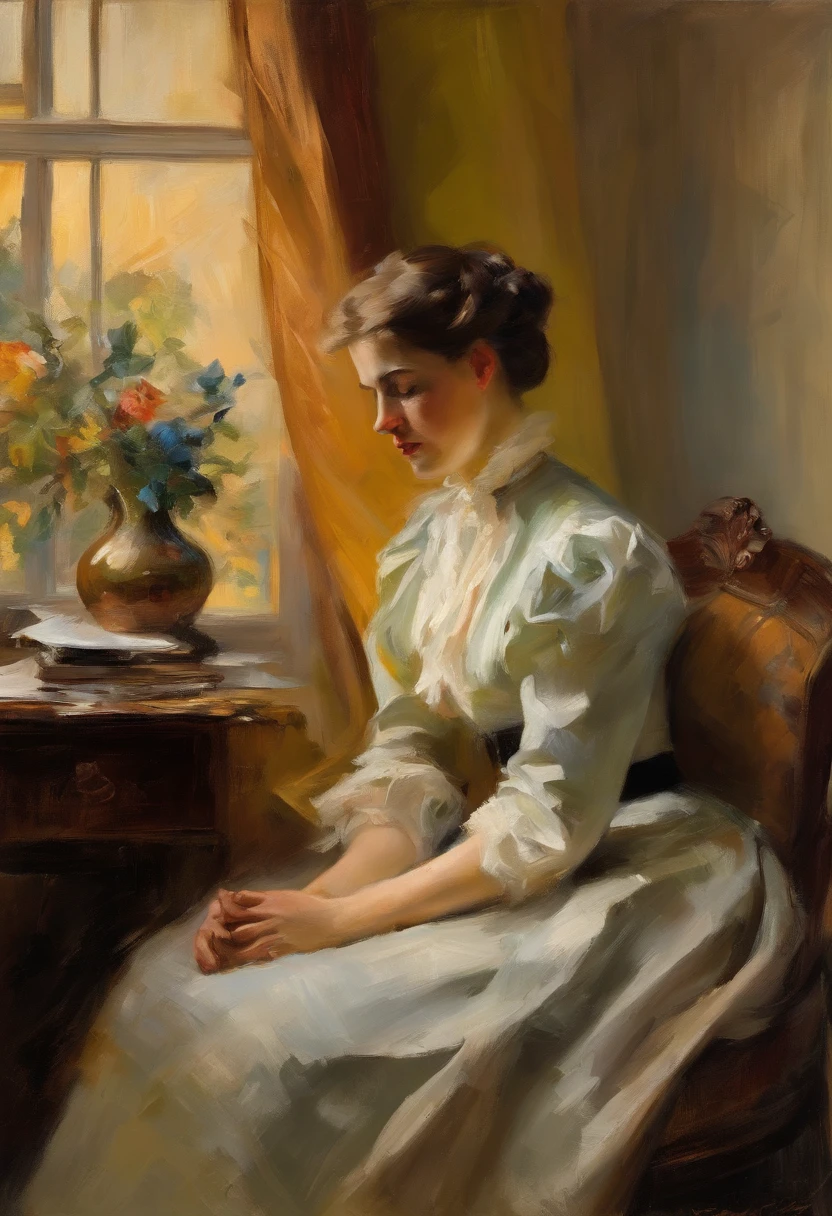 one young crying woman wearing 1900's clothes, sit on an arm chair, sunset though the window, John Singer Sargent style, beautiful, painting, detailed with a letter in his right hand