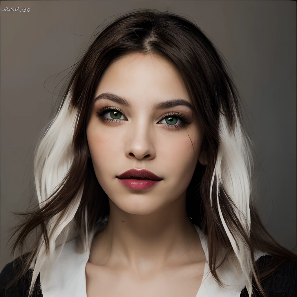 Alta, blanca, cabello largo color negro, labios grandes ojos grandes.
