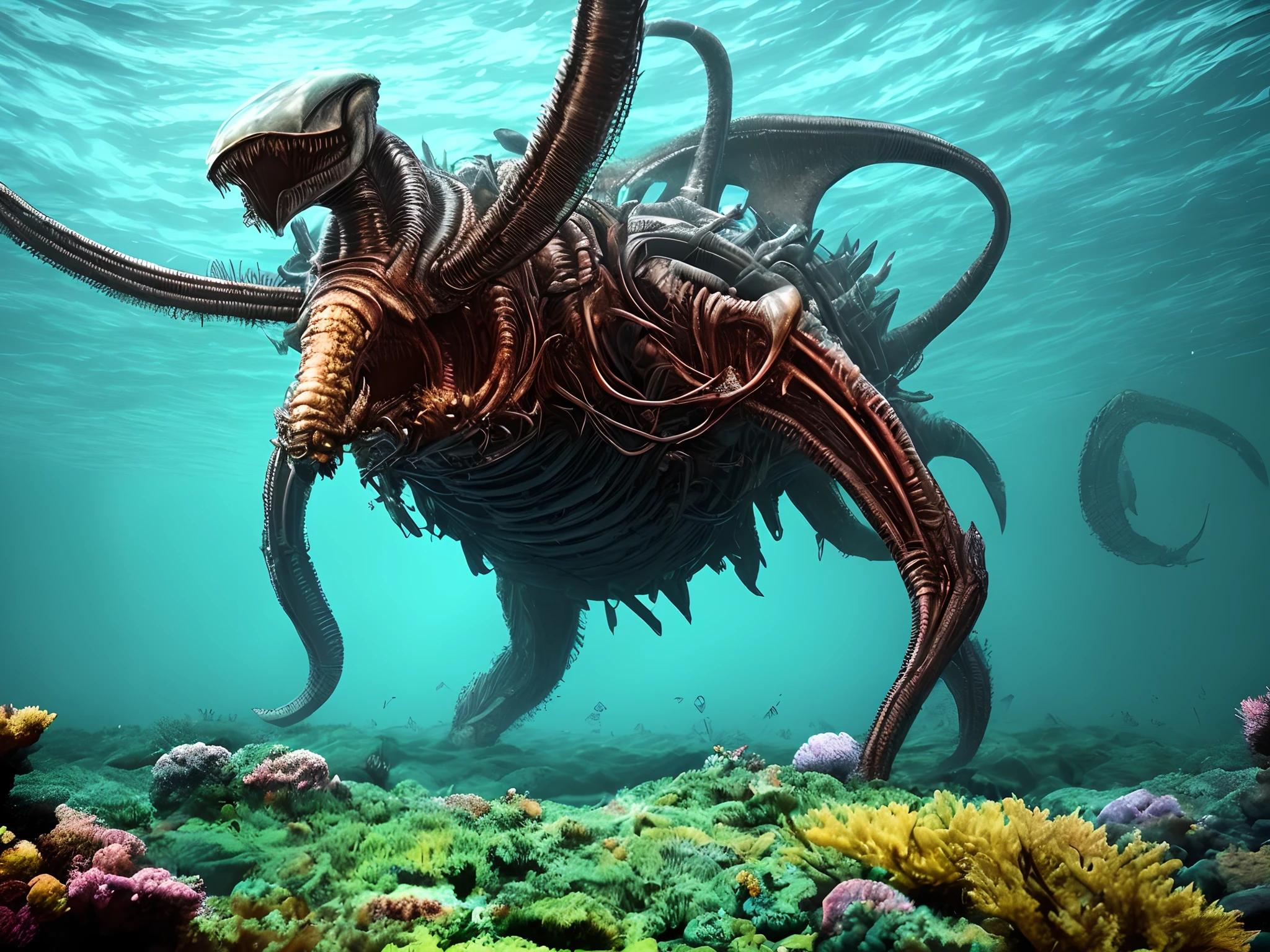 Alien like giant monster lurking in deep, dark ocean