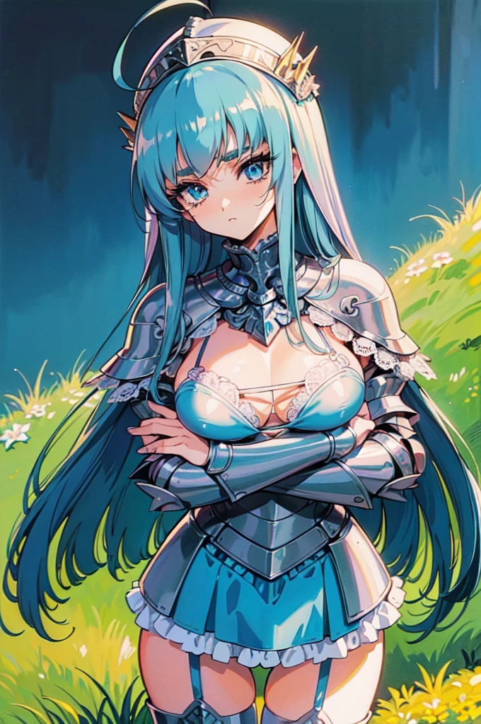 "(masterpiece:1.1), best quality, 
1girl, (80s anime style:1.3), (eyelashes:1.5), (loli:1.2), 
(intricate high detailed body:1.2), 
silver hair, 
(blunt bangs:1.1), (long hair, french braid:1.1), (crown:1.2), 
blue eyes, (red lip stick:1.3), 
(slim body:1.1), (small breasts, flat chest:1.1), 
(expressionless:1.2), open mouth, 
(see-through lace bikini armor:1.2), 
(knight armor, armored boots:1.2), (flower brooch:1.1), (hoop earrings:1.1), collar, 
standing, 
(upper body, cowboy shot, looking at viewer, from front:1.1),
(daytime, woods, grassland, outdoors:1.1)"