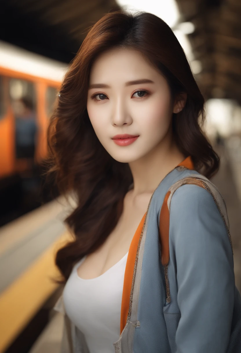 photograph of-realistic (1 cute Korean star) flipped hair, thin makeup, medium breasts size, Orange polo shirt, At the train station, clear facial features of Canon EOS, 16k, high resolution, sharp and realistic details,  Overexposure, cut-in, hyper HD, A high resolution, Best quality