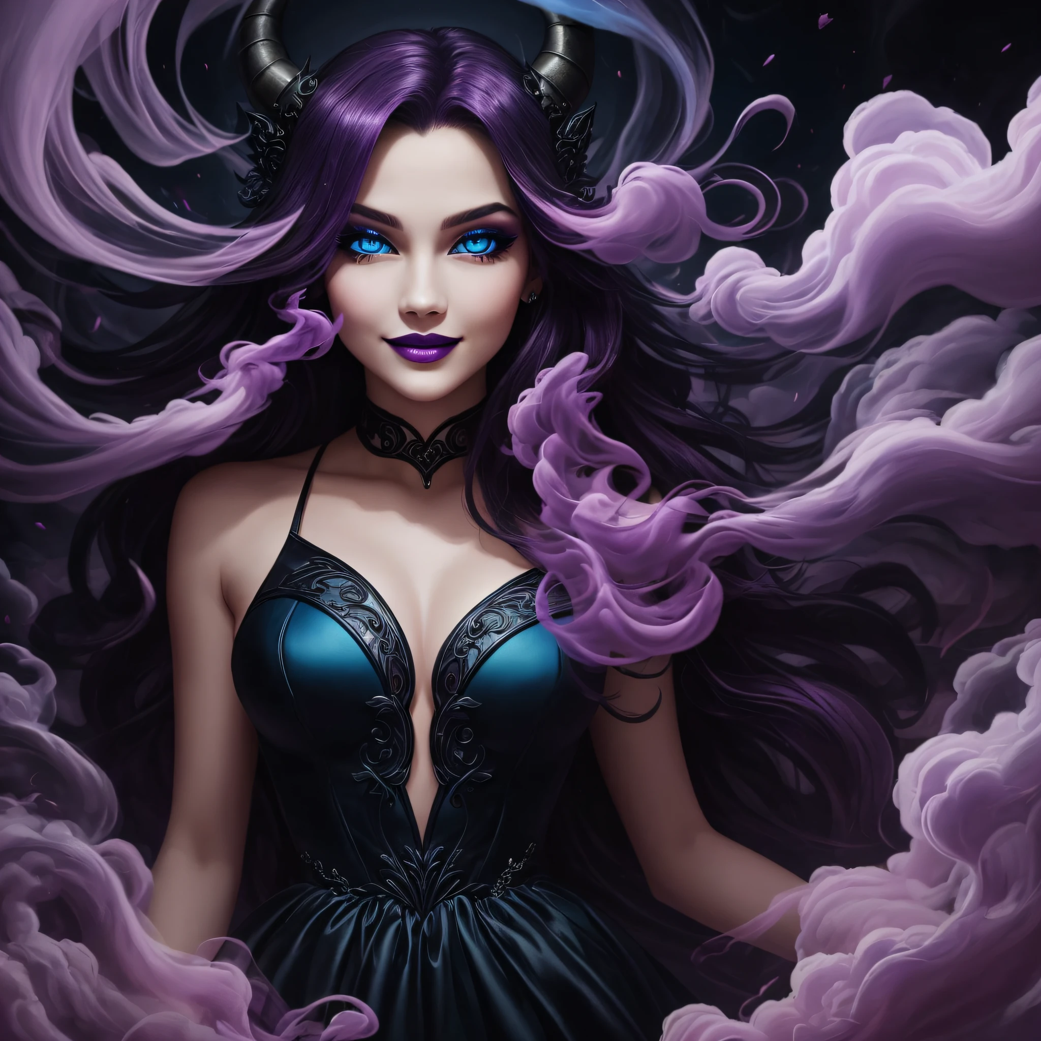 Noir painting of young beautiful enchantress, long purple hair, lush purple lips, evil, villainess, smiling, black prom dress, she is coming to you, up close, bright blue eyes, surrounded by swirling pink smoke, real, high detail, best quality