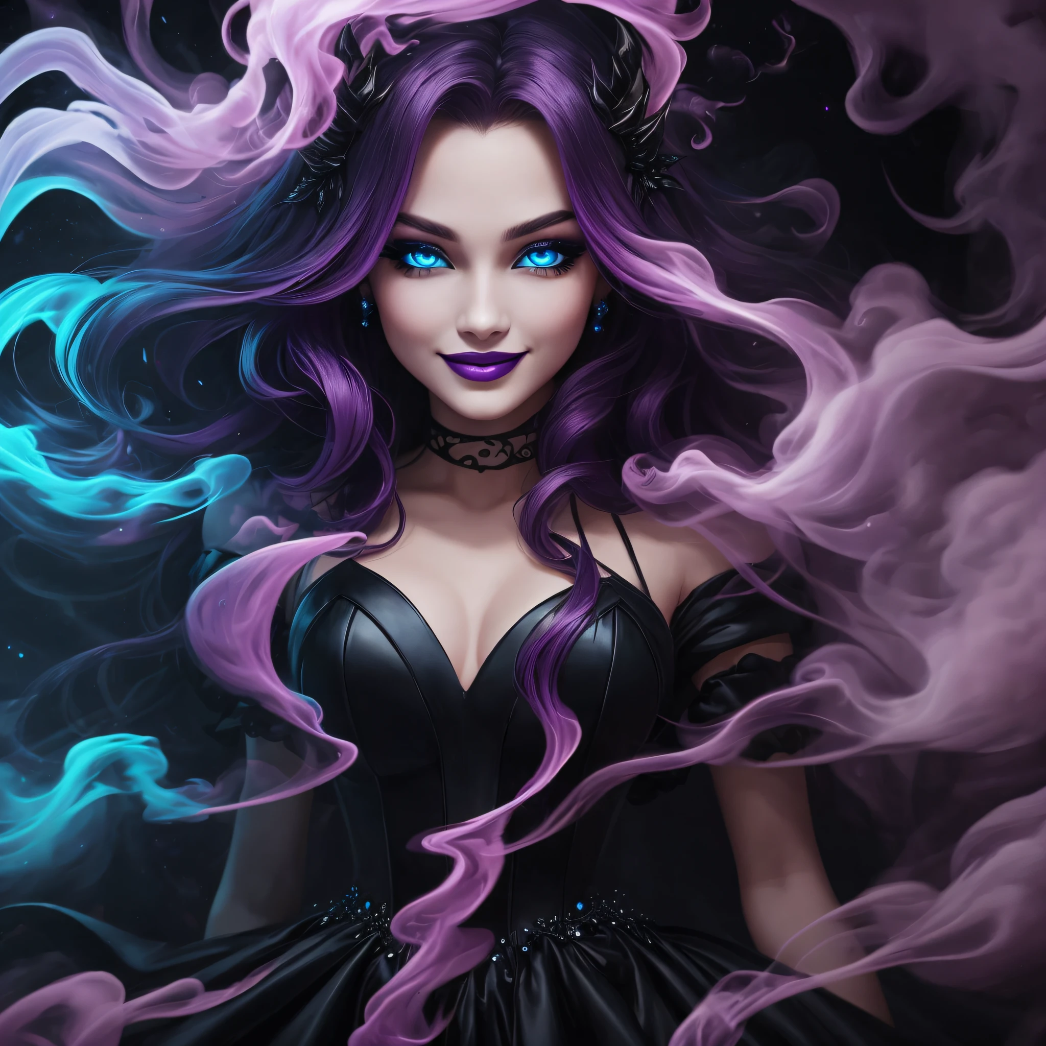 Noir painting of young beautiful enchantress, long purple hair, lush purple lips, evil, villainess, smiling, black prom dress, she is coming to you, up close, bright blue eyes, surrounded by swirling pink smoke, real, high detail, best quality