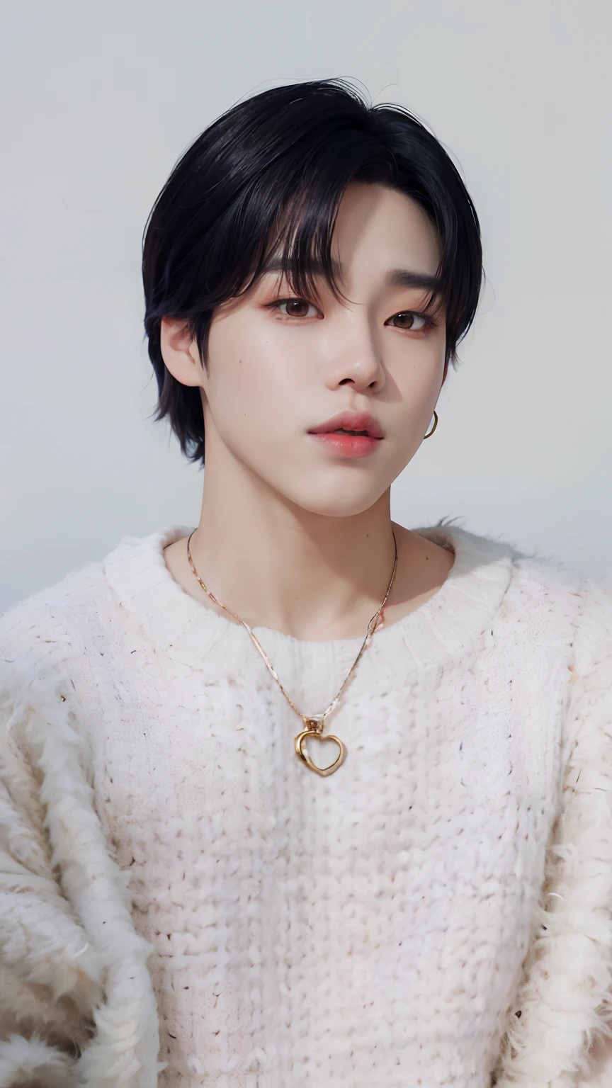 a close up of a person wearing a sweater and a necklace, park jimin, jimin, jimin\'s right eyelid swollen, jung jaehyun, jimin\'s grecian nose, hyung tae, kim doyoung, jimin\'s plump lips, accurate jimin face, inspired by Bian Shoumin, taejune kim, delicate androgynous prince