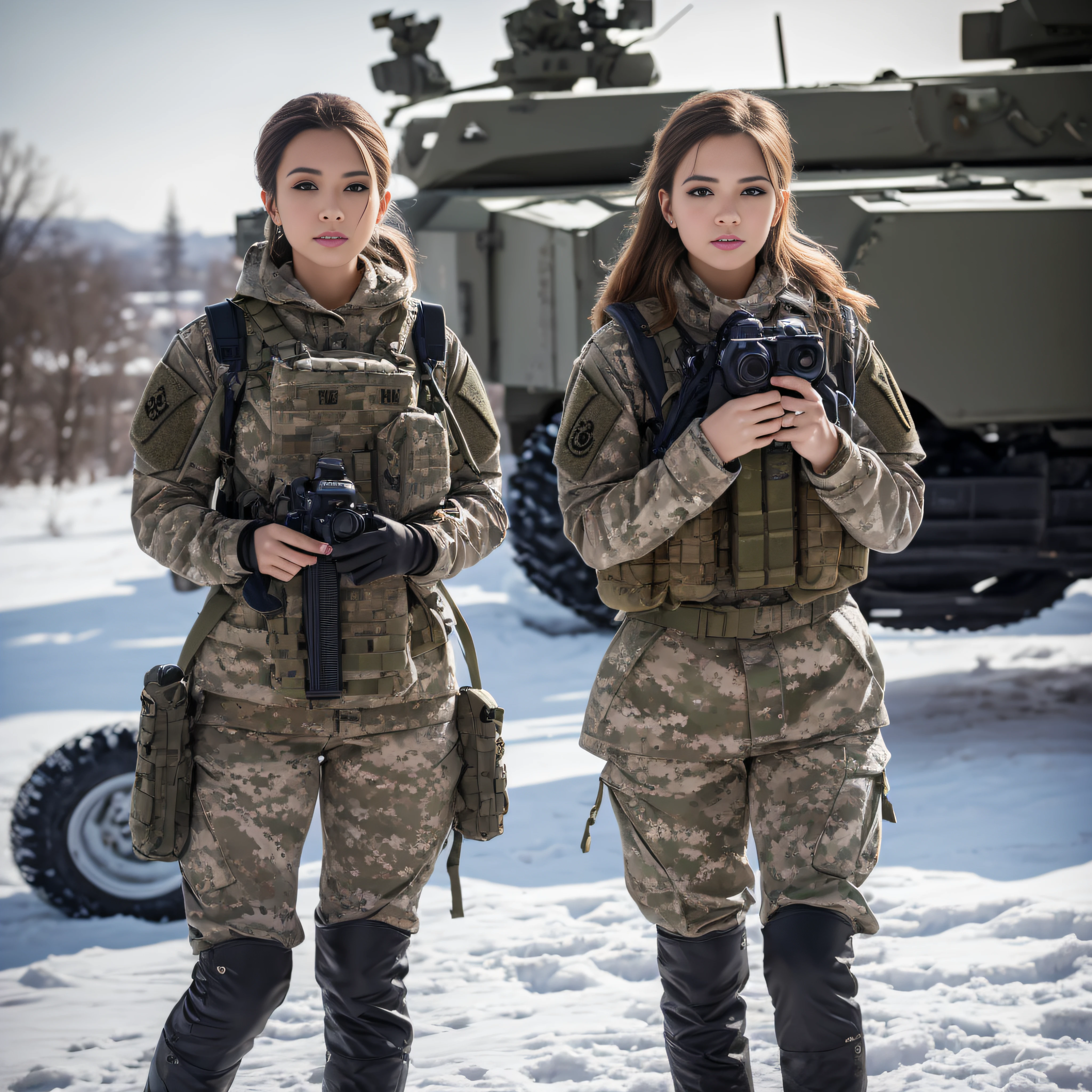 (Photorealistic), Beautiful lighting, Best Quality, Realistic, Full body portrait, real picture, Intricate details, depth of fields, 3 lesbians girls embracing , In a cold blizzard, Very muscular soldier girl with a haircut, Fatigue of the army wearing winter camouflage, Camouflage Plate Carrier Rig, Combat gloves, (Magazine Pouch), (Kneepads), ighly detailed, Perfect face, Blue eyes, Lips, wide hips, Small waist, tall, make up, Tactic, FUJI XT3, Outdoors, bright day, Beautiful lighting, Raw photo, 8K UHD, Film grain, ((Bokeh))