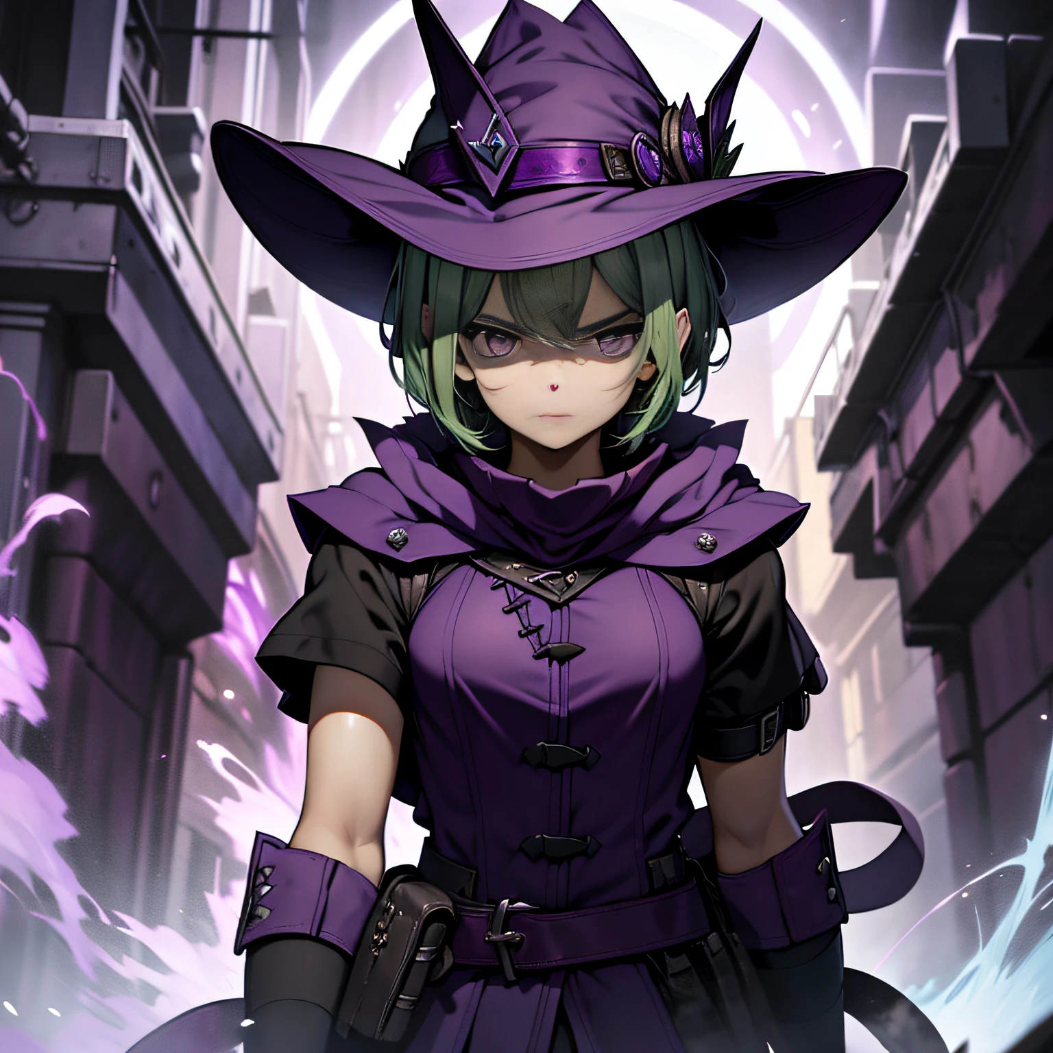 top-quality、extremely delicate and beautiful、(A teenage girl)、Purple Eye、Green hair、short-haired、(purple witch hat)、Purple tie、Tactical Vest、Soio、shortsleeves、Purple skirt、Purple Wizard Robe、Navel、is standing、Facing the front、Expression of hatred、Dark background、Only eyes