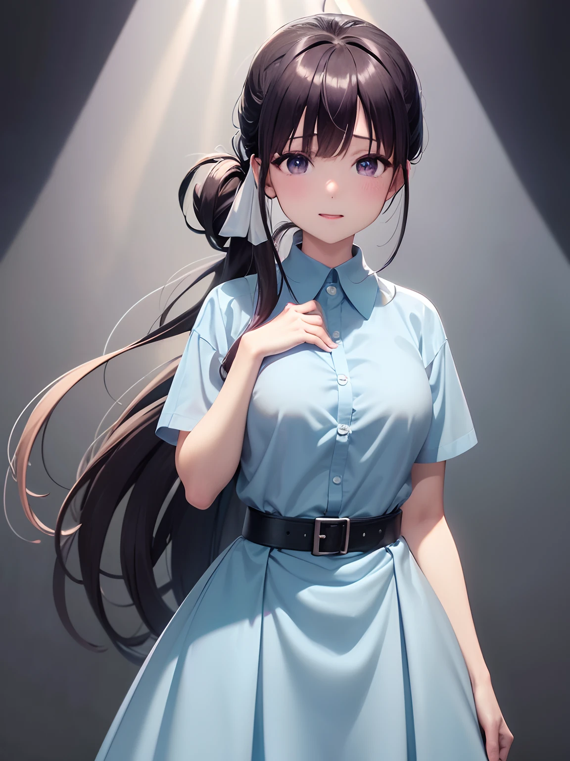 masuter piece, Best Quality, 超A high resolution, top-quality, Anime style, My happy marriage, Saimori Mercer, White ribbon on hair, Black-purple hair, Longhaire, (Dress:1.3), (Light blue clothes:1.3), Beautiful light makeup, (Low ponytail:1.3), (1girll:1.3), Laughing, White collar, Thin belt of black color, Background change