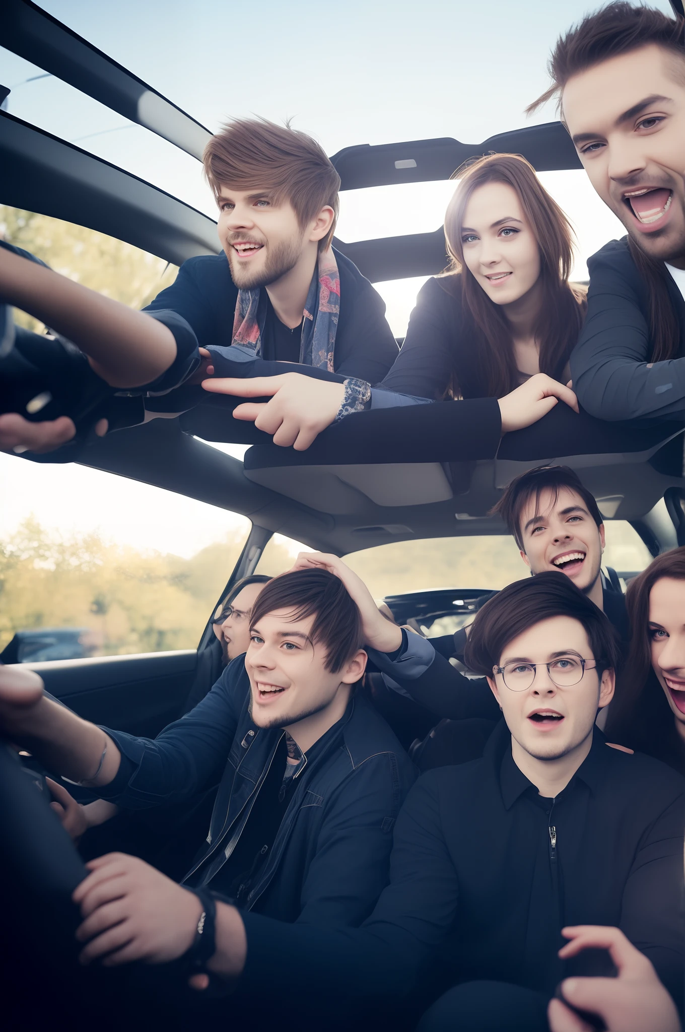 Group of emo adults in a car on their way to vote