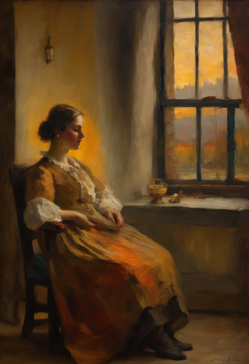 one young crying woman wearing 1900's clothes, sit on an arm chair, sunset though the window, Rembrandt style, beautiful, painting, detailed with a letter in his right hand