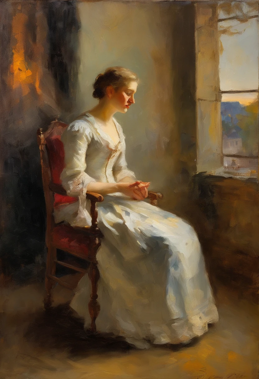 one young crying woman wearing 1900's clothes, sit on an arm chair, sunset though the window, Rembrandt style, beautiful, painting, detailed with a letter in his right hand