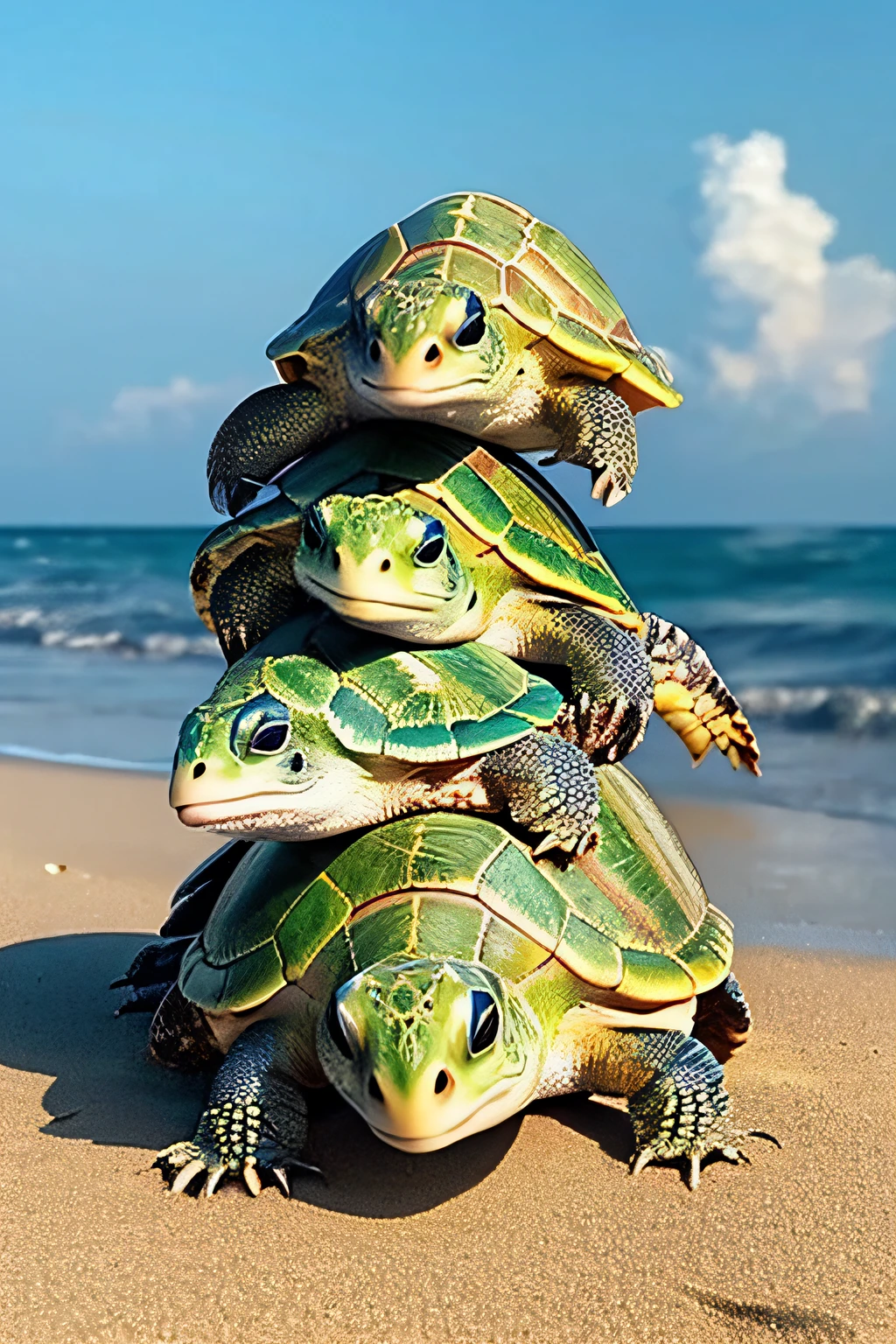 please create a photo realistic turtle but make it one stacked ontop of another and make 10 of them on a beach