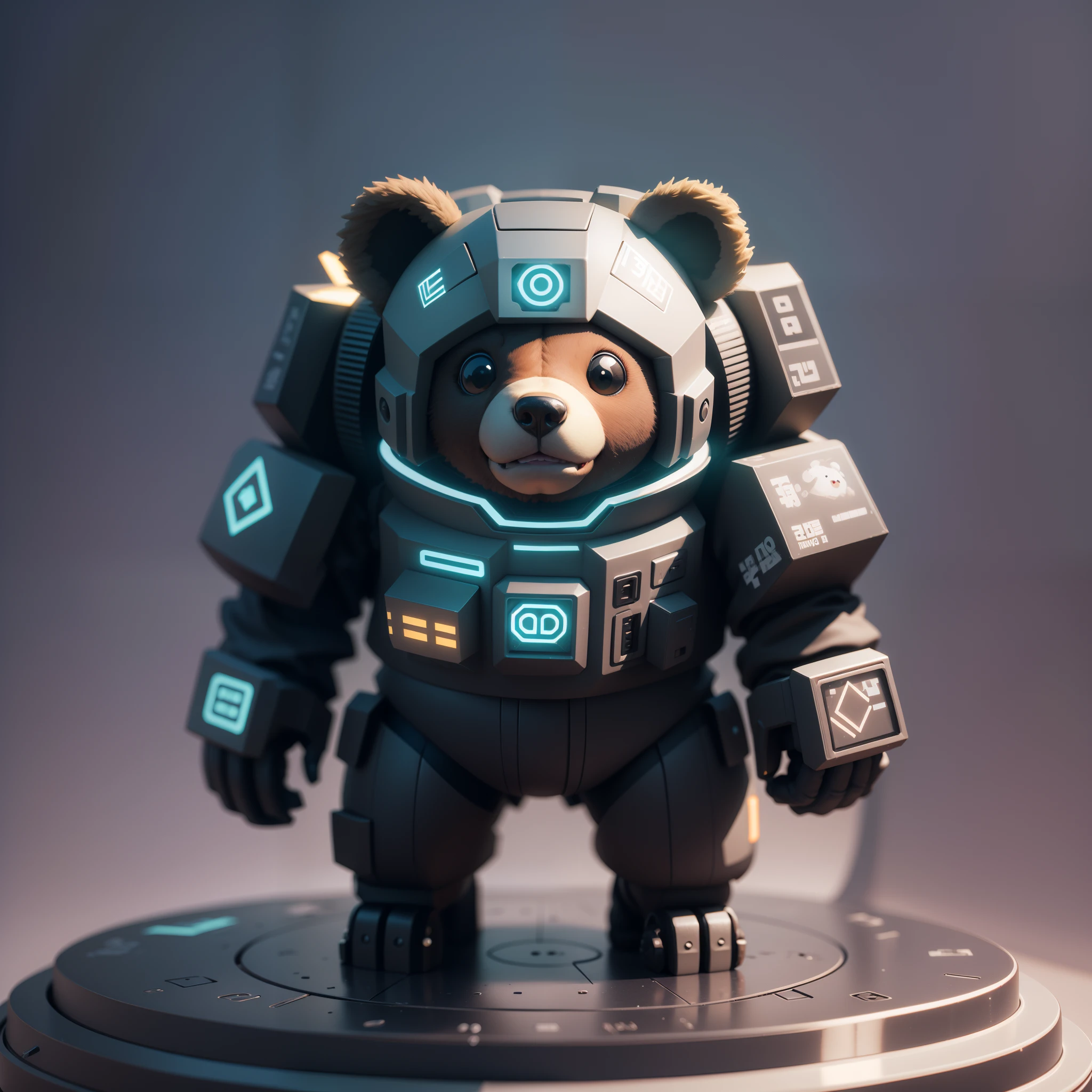 Cute cartoon bear in cyberpunk style. Lovely 3D models created using 3D modeling、C4D image、Illumination for generating medium-range isometric perspectives.、computer --ar 1:1 --q 1 --niji 5、Model fineness、The details stand out