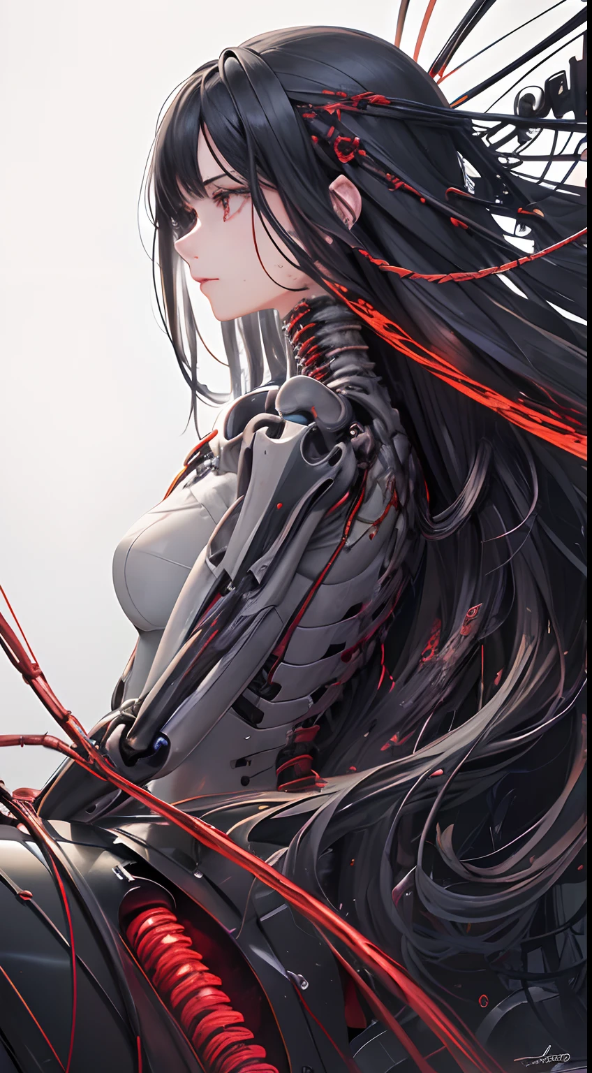 (masterpiece, top quality, best quality, official art, beautiful and aesthetic:1.2), (1girl:1.3), extreme detailed,colorful,highest detailed ((ultra-detailed)), (highly detailed CG illustration), ((an extremely delicate and beautiful)),(from side),cinematic light,((1mechanical girl)),solo,full body,(machine made joints:1.2),((machanical limbs)),(blood vessels connected to tubes),(mechanical vertebra attaching to back),((mechanical cervial attaching to neck)),(sitting),expressionless,(wires and cables attaching to neck:1.2),(wires and cables on head:1.2)(character focus),science fiction,white background,(blood:1.5)