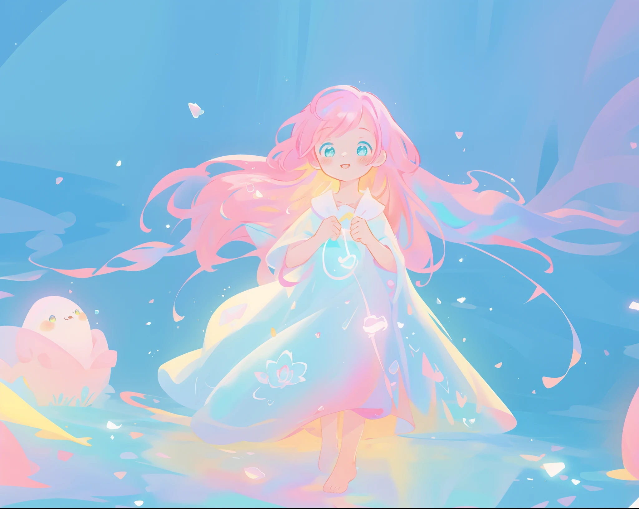 beautiful girl in flowing white dress, vibrant pastel colors, (colorful), magical lights, long flowing colorful pink hair, otherworldly aqua and blue landscape background, inspired by Glen Keane, inspired by Lois van Baarle, disney art style, by Lois van Baarle, glowing aura around her, by Glen Keane, jen bartel, glowing lights! digital painting, flowing glowing hair, glowing flowing hair, beautiful digital illustration, fantasia background, whimsical, magical, fantasy, beautiful face, ((masterpiece, best quality)), intricate details, highly detailed, sharp focus, 8k resolution, sparkling detailed eyes, liquid watercolor