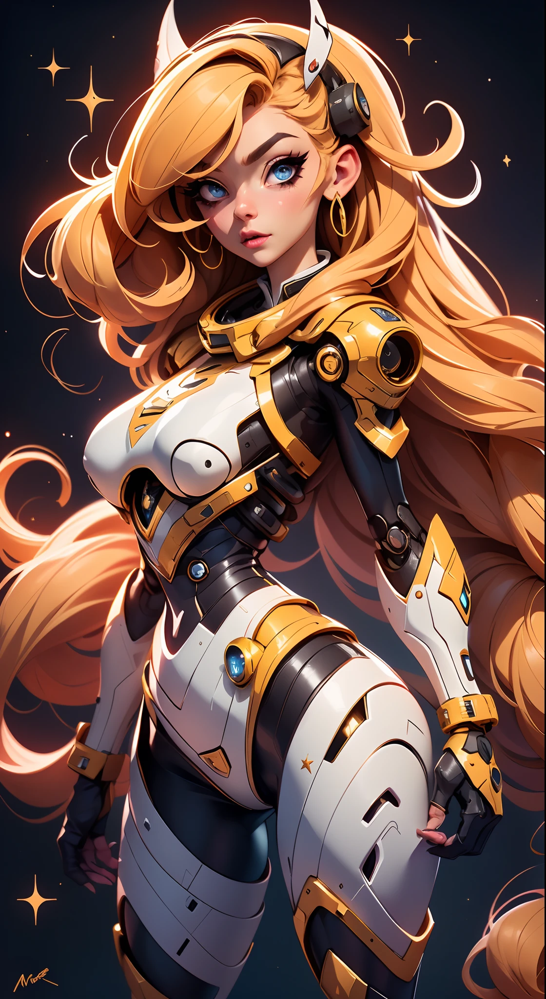 A fantz monster design, Cute robots in space [style-rustmagic]，female robot，Half-human, tmasterpiece，（tmasterpiece，top-quality，best qualityer）， 1girl， 独奏， long whitr hair， jewely， 耳Nipple Ring， with black background， looking at viewert， eBlue eyes， The upper part of the body， whaite hair， simple backgound， By bangs， Hand up， Hair decoration， From the side Side， light particules， exposed bare shoulders， glittery， longer sleeves， nedium breasts， blond hairbl， shift dresses， As estrelas （sigature）， cparted lips， eyeslashes