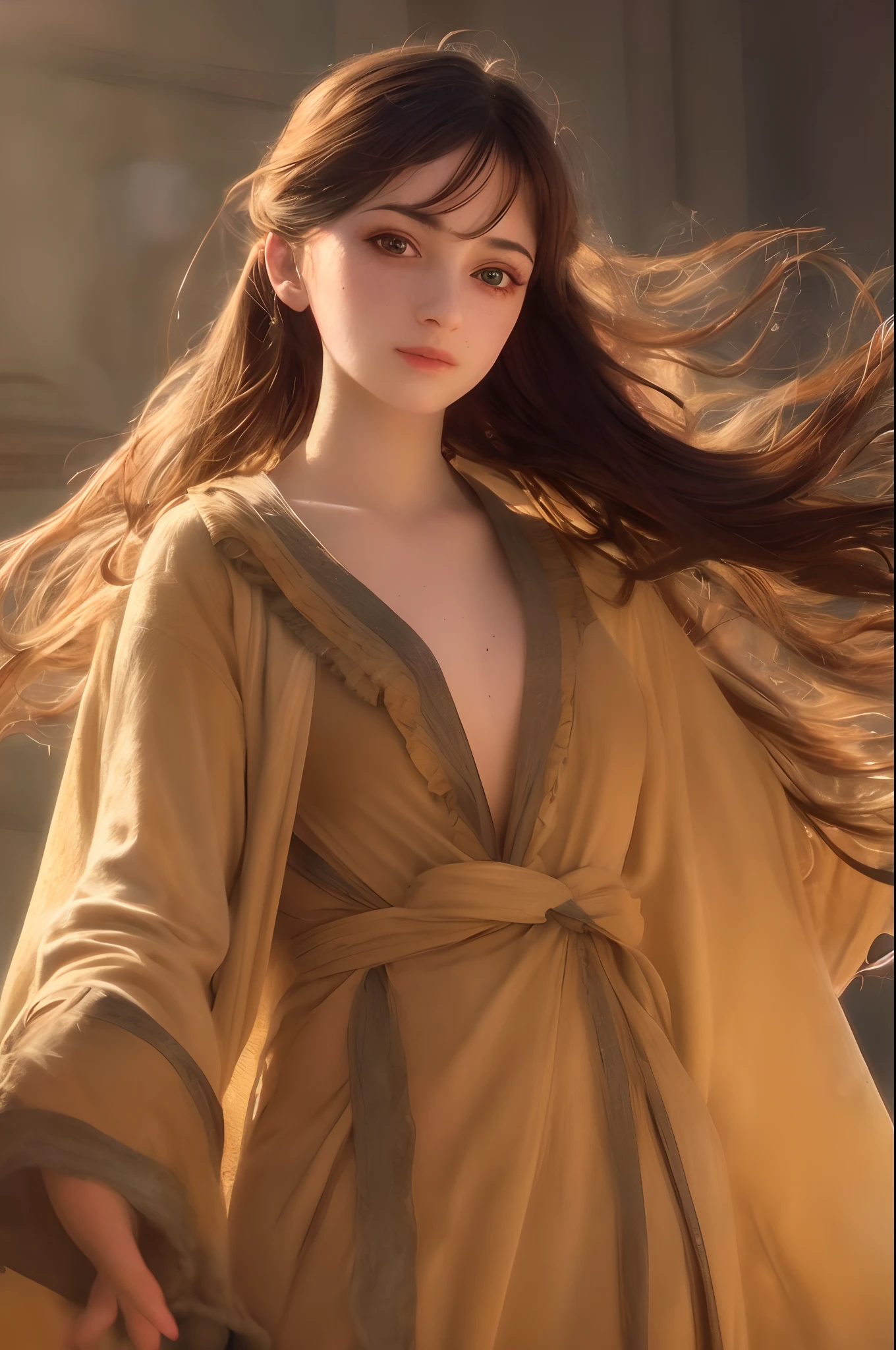 best quality, masterpiece, (realistic:1.2), young woman,
floating hair,
colorful open robe,
victorian,
front, detailed face, beautiful eyes, (smug smile:1.1), freckles,
sun flare,
vibrant, sharp focus,