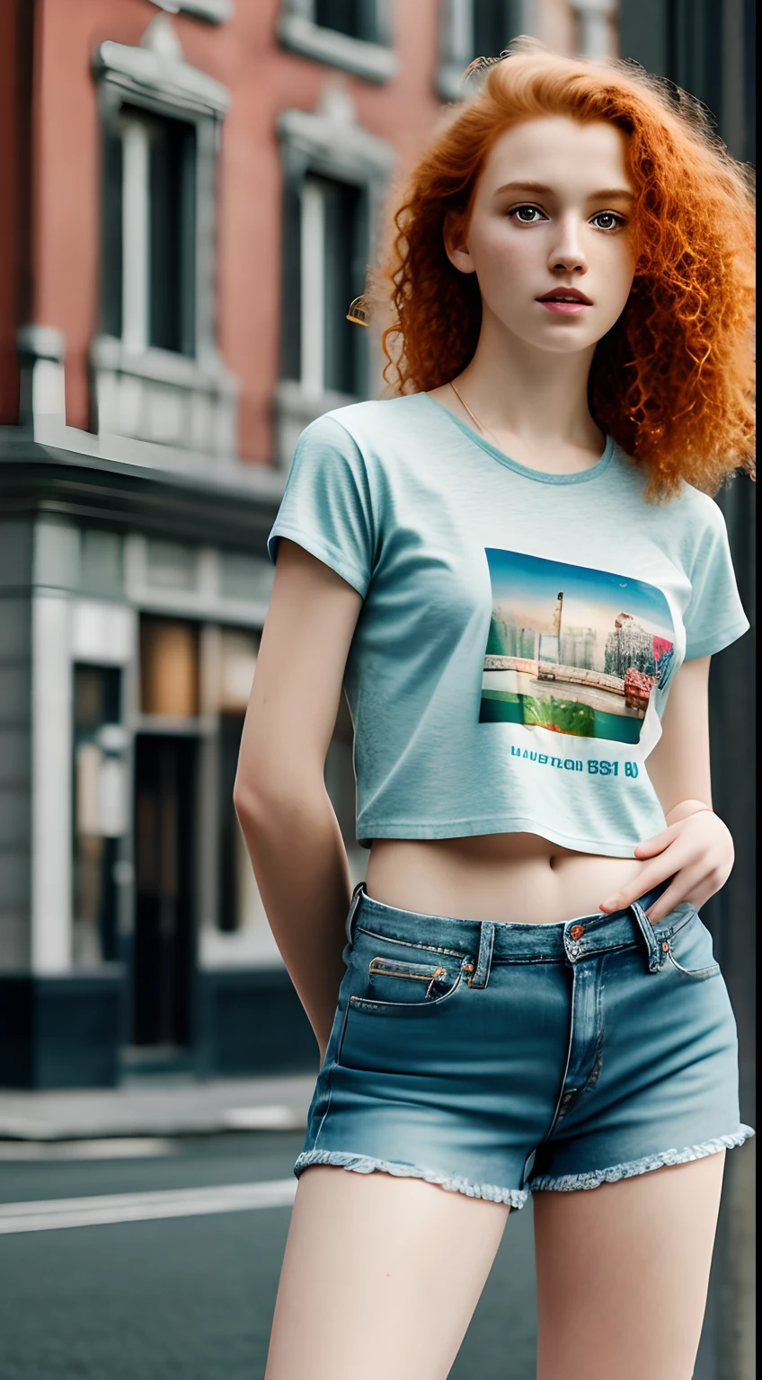 1girl in, age13, Solo, Aesthetic artwork, irish redhead, wavy ginger hair, shoulder length ginger hair, some small freckles, pale skin, small breasts, runners body, fullbody shot, imperfect skin, goosebumps, ripped jeans, colorful cropped t-shirt, bracelets, city location, detailed background, blurred out background, Boka, (extremely detailed 8k wallpaper), soft lighting, high quality, film grain, Fujifilm XT3 sharp focus, f 5.6, 50mm, High Detail, Sharp focus,(natural light), (seductive), Realistic, ultra realistic, photo realistic, crazy details, complex details, hyper detailed,