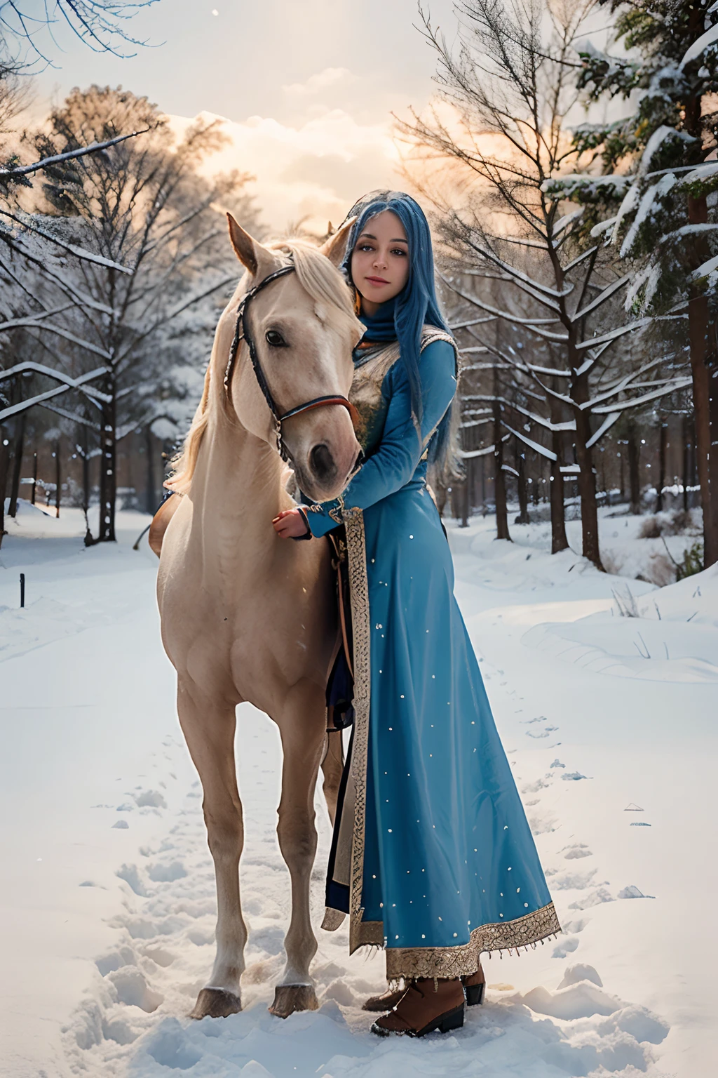 there is a woman with long blue hair who is hugging palomino colored lusitano horse in the snow , magical creatures, realistic photo, realistic fantasy photography,
