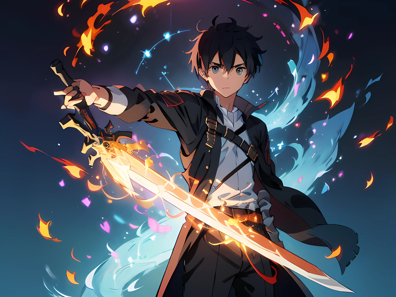 masterpiece, In a world where magic and technology exist side by side, a young man (black hair, short hair) sets out on a journey to hone their skills and uncover the secrets of their powers, beautiful eyes finely detailed. The mage must learn to harness the full potential of their abilities and unlock the true potential of magic in the modern age. full body illustration, evil facial expression, holding a sword, he hold sword with flames coming out from his sword.