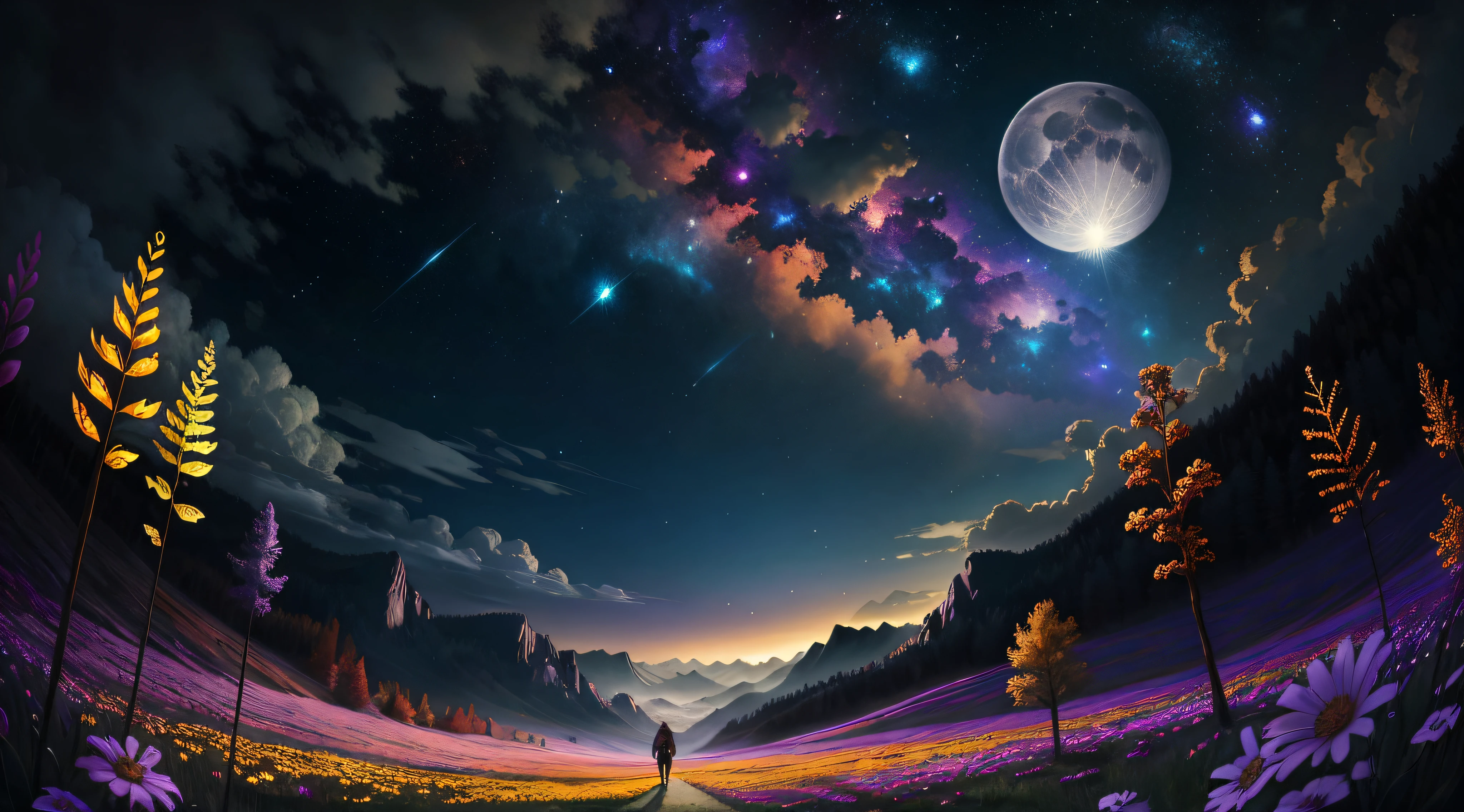 A wide landscape photo, (viewed from below, the sky is above, and the open field is below), a girl standing on a flower field looking up, (full moon: 1.2), (meteor: 0.9), (nebula: 1.3), distant mountains , Trees BREAK Crafting Art, (Warm Light: 1.2), (Firefly: 1.2), Lights, Lots of Purple and Orange, Intricate Details, Volumetric Lighting BREAK (Masterpiece: 1.2), (Best Quality), 4k, Ultra Detailed, (Dynamic Composition: 1.4), Rich in Detail and Color, (Rainbow Color: 1.2), (Glow, Atmospheric Lighting), Dreamy, Magical, (Solo: 1.2)