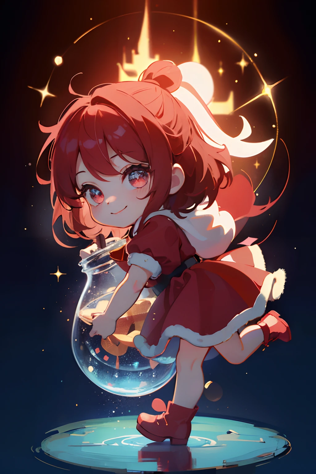 ((top-quality))、 ((​masterpiece))、A chibi doll trapped in a magic jar、Dressed as Santa Claus、A smile、Chibi Doll、Stars in the eyes（kirakira）、Eye Up、Laugh、Cute red shoes、 radiant light、bio luminescent、Taken from the side、Stronger bokeh effect