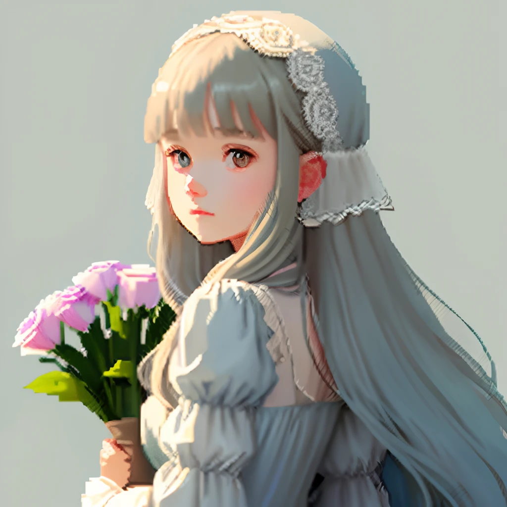Pale light blue antique dress、Girl with long hair in a dull beige color、Blunt bangs、Look back and look at this.、Pixel art、Pixel Art Illustration、pixels、Plain background、Upper body、For icons、pixels_Art Book,Composition centered on the face、Straight face、Gothic headdress、pixels、Game-style illustration、Pixel art、pixels、Holding flowers