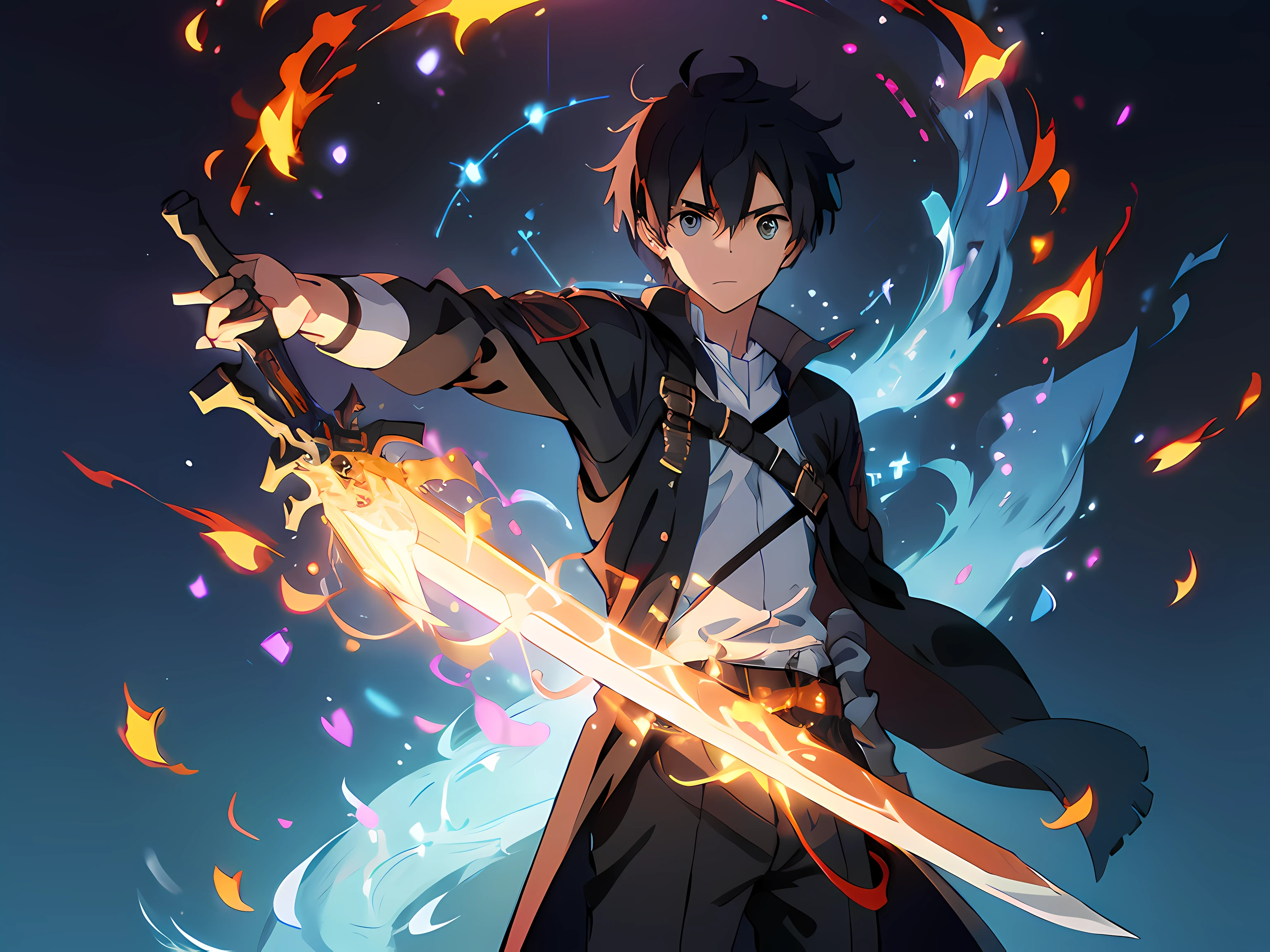 masterpiece, In a world where magic and technology exist side by side, a young man (black hair, short hair) sets out on a journey to hone their skills and uncover the secrets of their powers, beautiful eyes finely detailed. The mage must learn to harness the full potential of their abilities and unlock the true potential of magic in the modern age. full body illustration, evil facial expression, holding a sword, he hold sword with flames coming out from his sword.