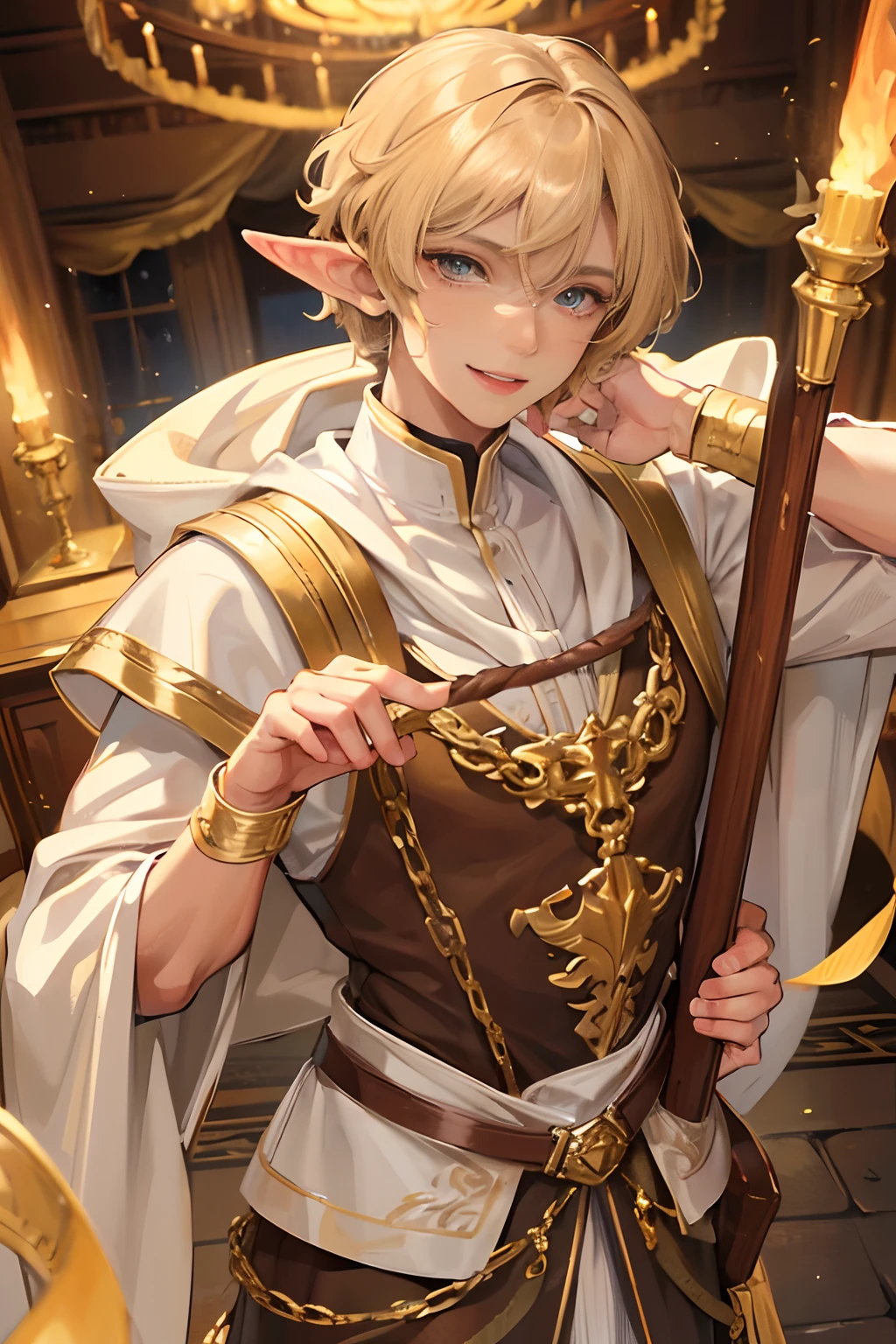 Tanned brown skin, elf, young man, skinny, soft features, light colored eyes, short curly blonde hair, long lashes, manhwa, elvish ears, kind, happy, smiling, imperial, servant