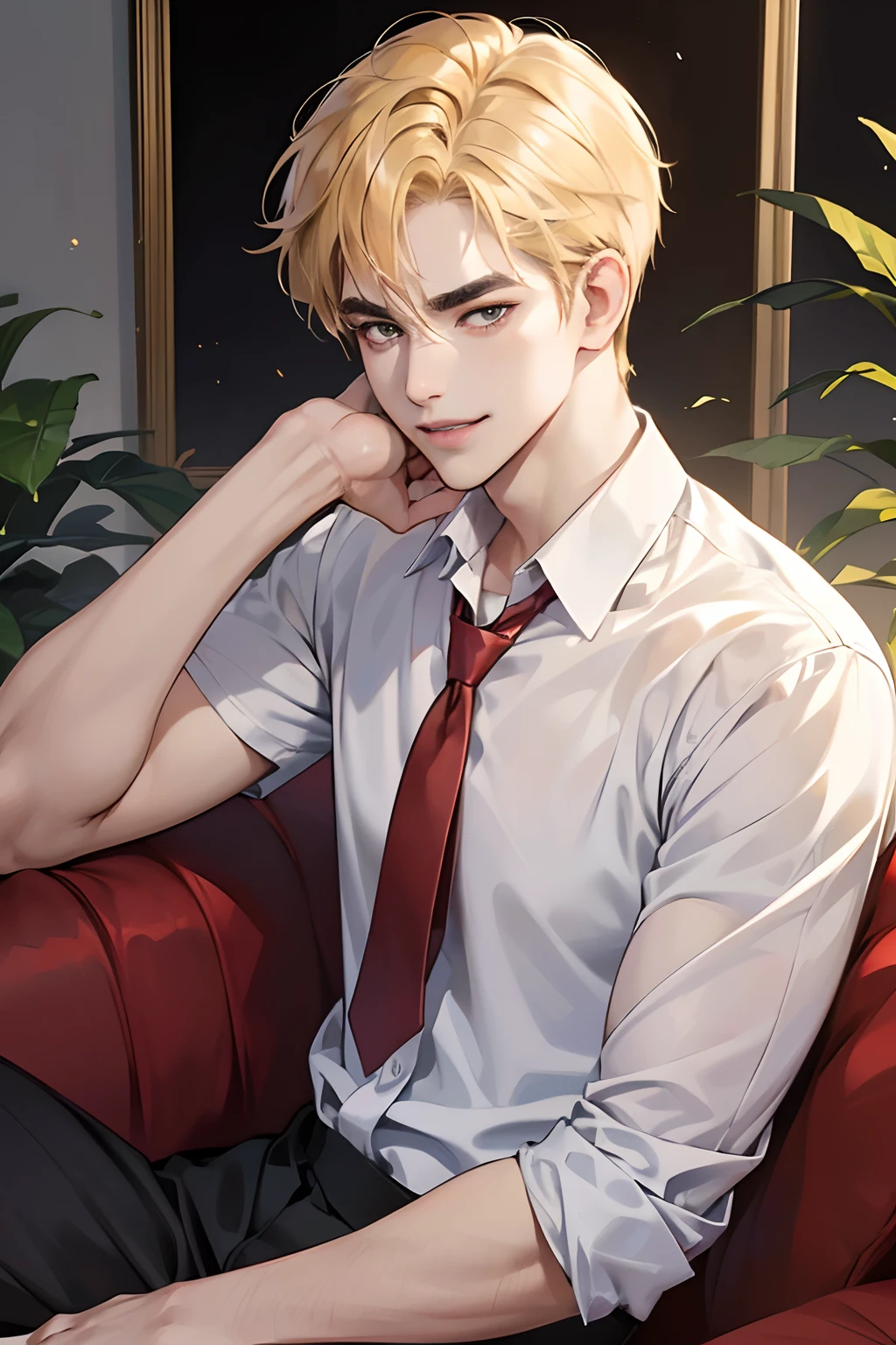 (masutepiece, Digital Art, Digital Illustration, 4K, 8K, Ultra-detailed, beautiful image, Sharp Image, Photorealistic, Raw photo, Perfect face, Perfect lines, Perfect eyes, Soft lighting) 1 male human, (a blond,Brown eyes,hair between eye,hair messy,short-hair,deadpan,Goofy face,Parallel eyebrows,Narrow-eyed,kindly smile,ember,28 years old:1.3),Handsome men, (ember,Business Shirt,neck tie,Thin macho,Firm shoulder width,Adult male:1.2),small plants,Sleepy face,Frantically opening your eyes,Loosen your tie,5 minutes before work,Living alone in a 1LDK,Hairstyle check,inside in room,Simple sofa,Double sofa