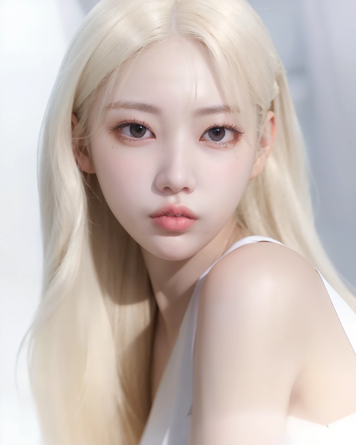 um close up de uma mulher com longos cabelos loiros e um top branco, pale glowing skin, pale porcelain white skin, Jinyoung Canela, Kim Doyoung, Jaeyeon Nam, pale fair skin!!, pale hair, Parque Roseanne do Blackpink, ivory pale skin, pele branca leitosa, pale snow white skin, maquiagem sul-coreana popular, albino white pale skin, extremely pale blond hair