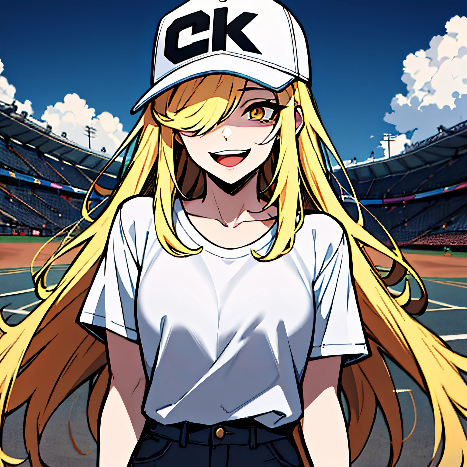 (absurdres, 8k, 4k, masterpiece, hyper extreme detailed:1.2), solo, 1girl, front view, portrait, best quality, expressive eyes, perfect face, 1girl, portrait, solo, standing, Female, toned body, mature female, small breasts, pale, hair covering one eye, long hair, adult, gold eyes, graphic t-shirt, smile, anticipating, excited, friendly, laughing, baseball cap, clouds, crazy eyes, messy hair, swept bangs, perfect anatomy, front view, apocalypse background, t-shirt, shorts, blonde hair,